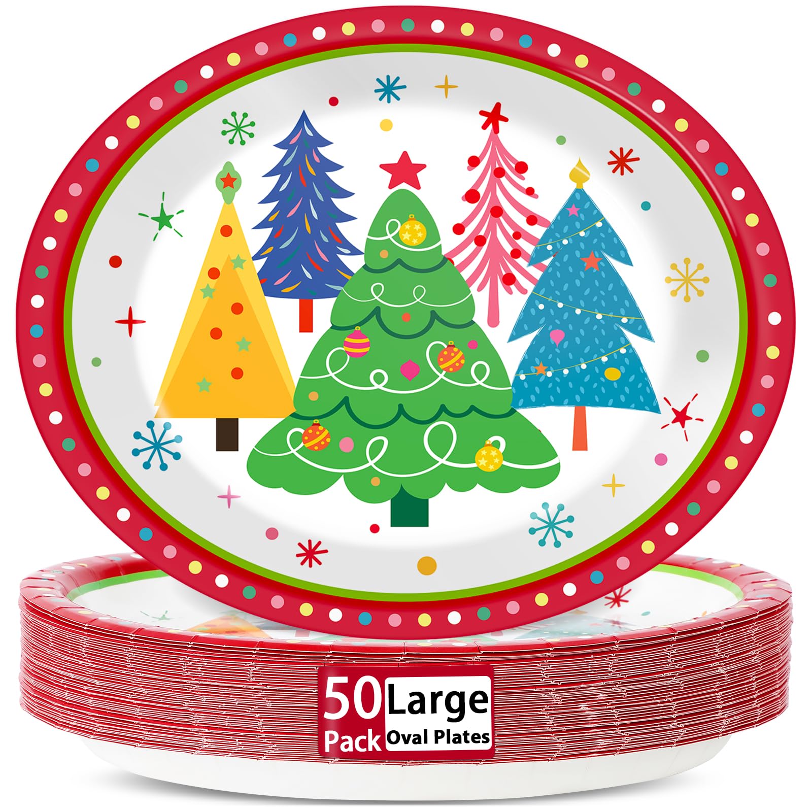 50 platos de papel ovalados coloridos para árbol de Navidad, grandes, desechables, 11icnh, con borde rojo, bandeja de platos resistente para Navidad, vacaciones, cena, fiesta de cumpleaños,