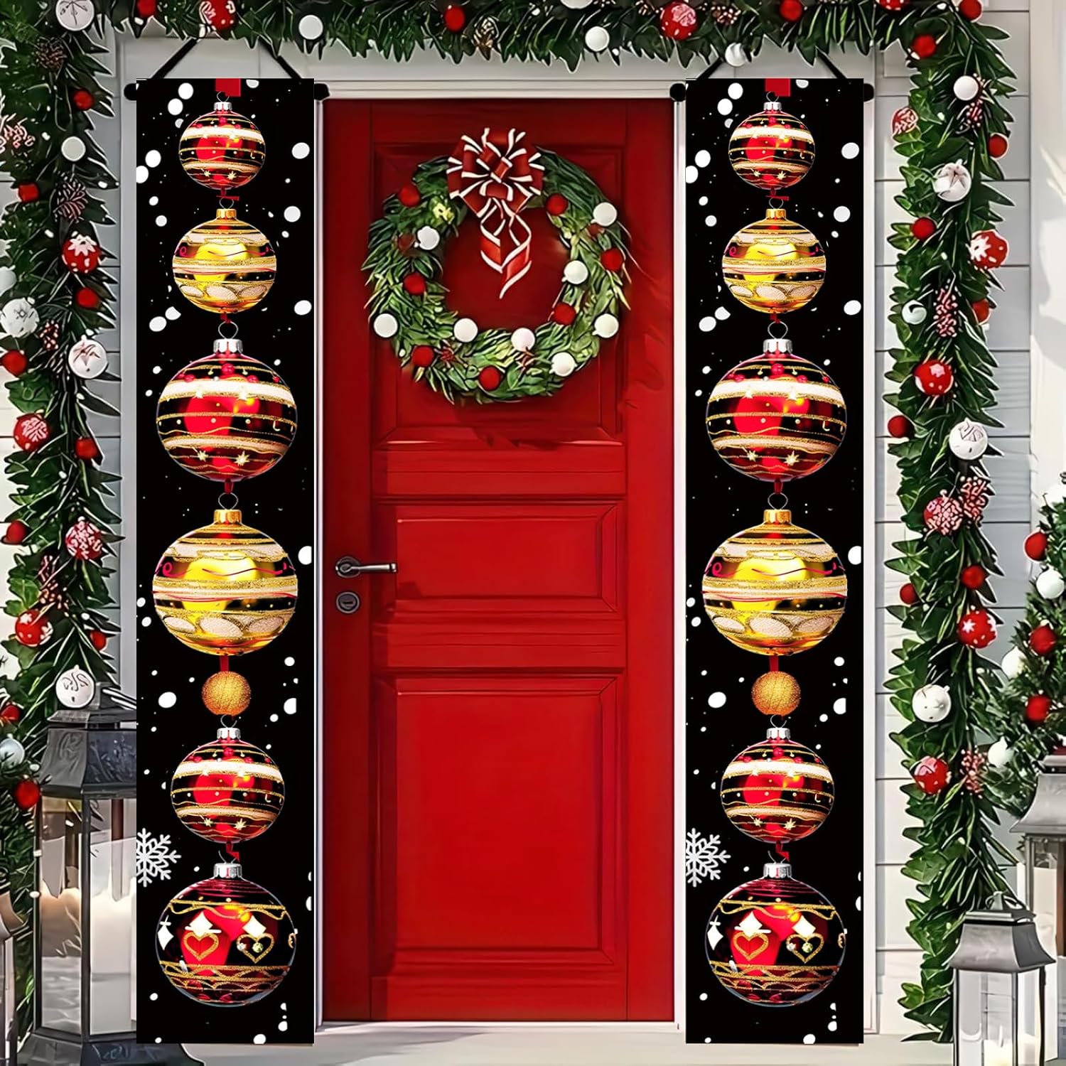 Christmas Door Banner Set 12×71 Inch Gold Red Hanging Ball Design Front Porch Sign Holiday Wall Decoration Indoor Outdoor Xmas Entryway Décor Party Ornament Christmas Door Banner Set 12×71 Inch Gold Red Hanging Ball Design Front Porch Sign Holiday Wall Decoration Indoor Outdoor Xmas Entryway Décor Party Ornament