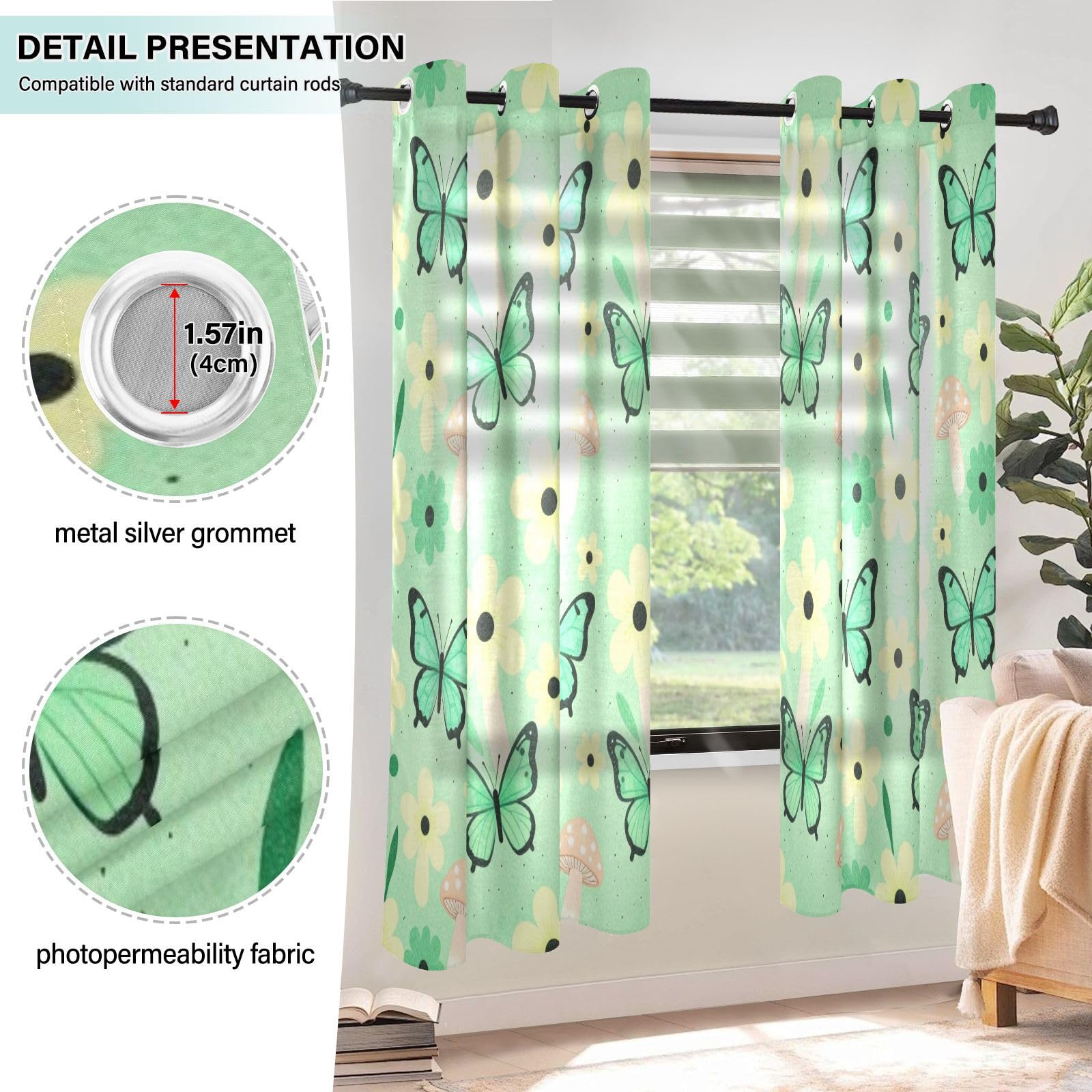 Cortinas decorativas opacas con flores verdes, mariposas, hongos, cortinas para oscurecer la habitación, 160 cm de largo, 2 paneles