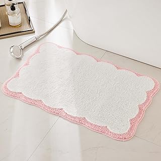 Luxury Microfiber Bathroom Rugs, White Bath Rug with Pink Scalloped Pipi...