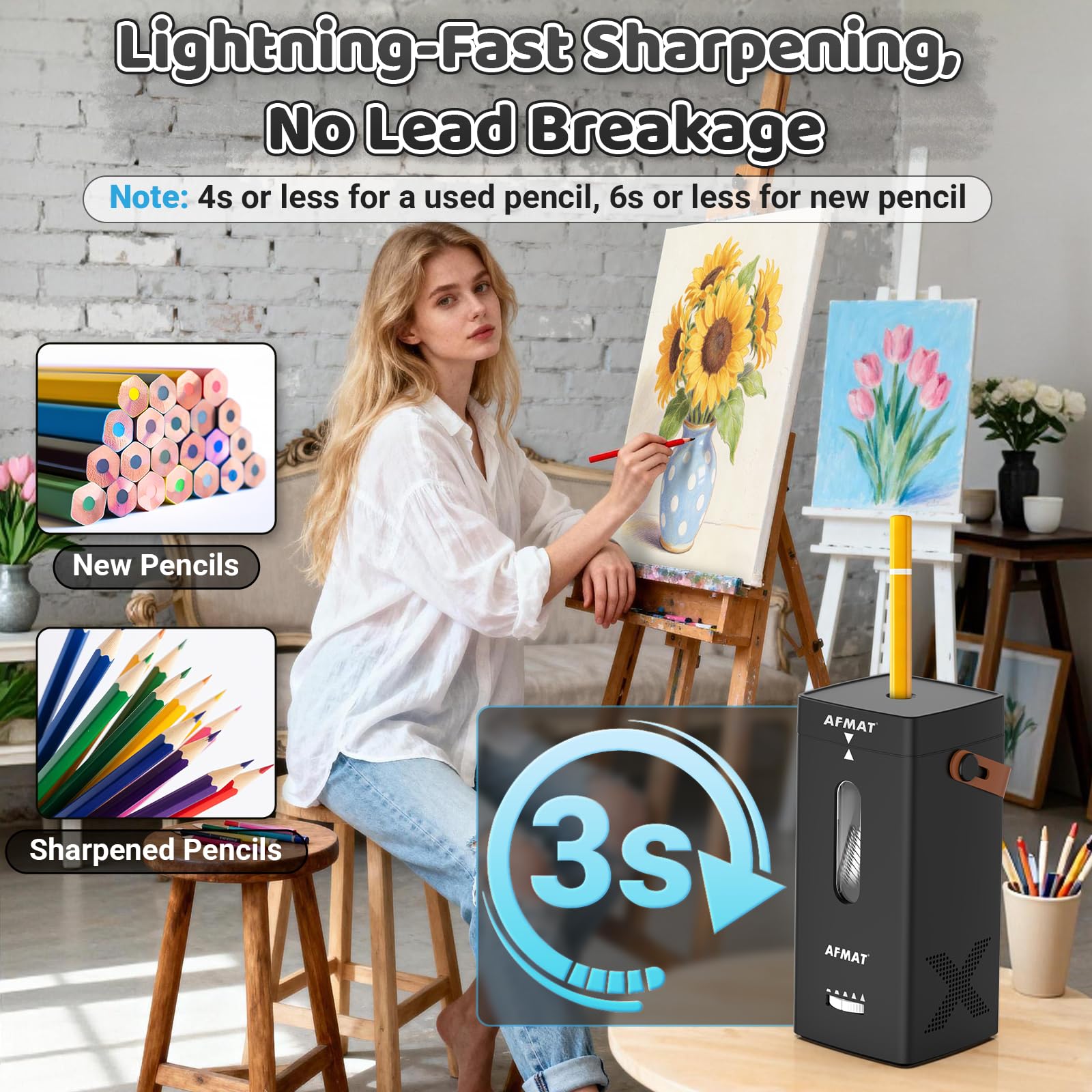AFMAT Elektrischer Bleistiftspitzer, vollautomatischer Bleistiftspitzer, automatisches Ein- und Ausschalten, wiederaufladbarer freihändiger Spitzer für Jumbo- und Buntstifte (6,5–12 mm), tragbar für