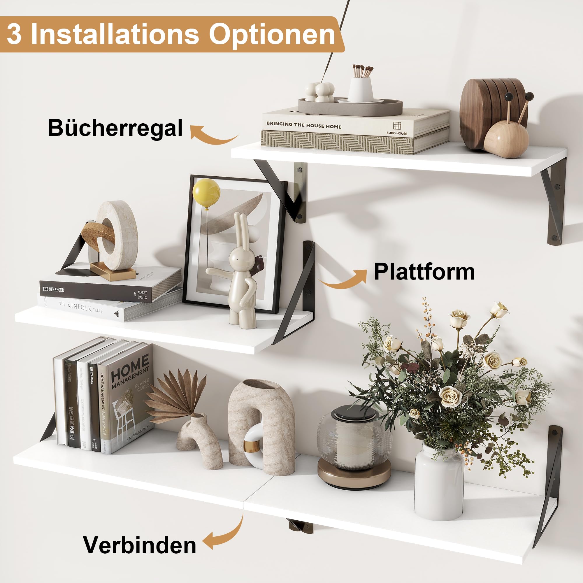 Feihorrm 2er Set Wandregal, Regal Wand 40 x 20 cm, Wandregal Holz, Weiß Regal mit Metallhalterung, Wandboard für Wohnzimmer, Badezimmer, Küche, Arbeitszimmer, Schlafzimmer