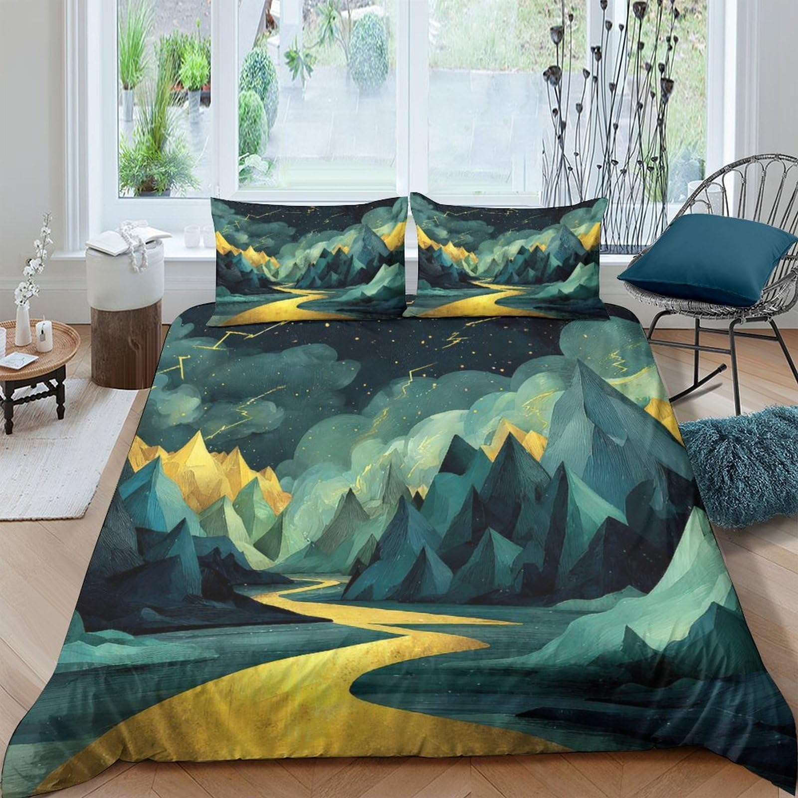 GPLZQXKJNH 3D Printed Mountain Landscape Duvet Cover Microfiber Soft Breathable Forest River Bedding Set with 2 Pillowcases for Bedroom Home Decor Single（135x200cm）
