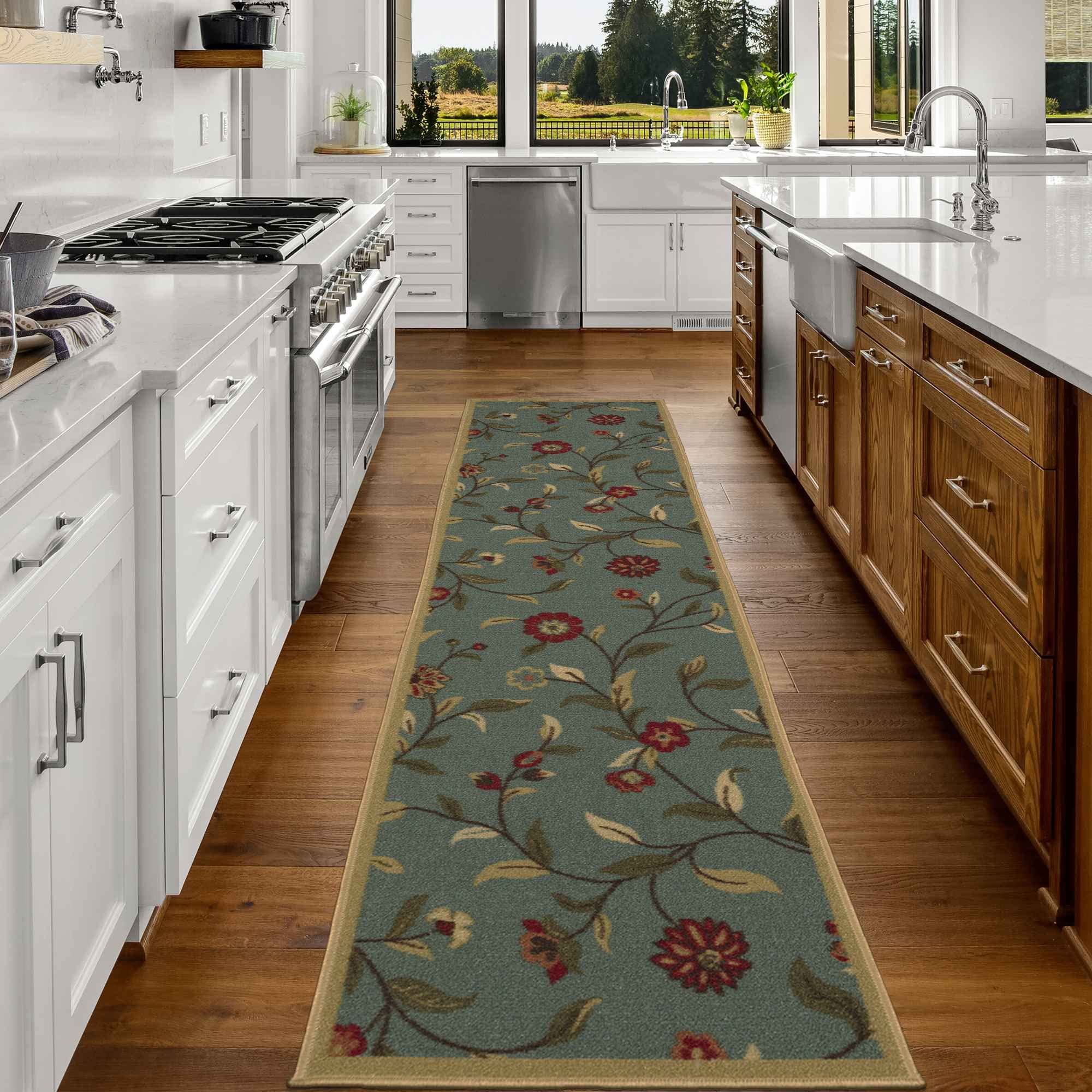 ottomanson ottohome collection non-slip rubberback floral leaves design 3x10 indoor runner rug, 2'7" x 9'10", seafoam green