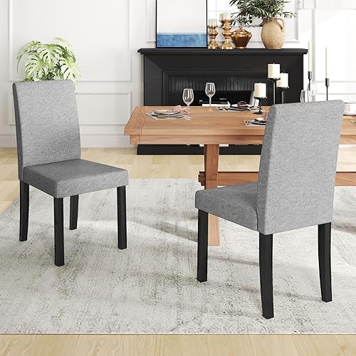 Miniatura 8 de COSTWAY Juego de 4 sillas de comedor, sillas laterales de cocina tapizadas de tela sin brazos con patas de madera de goma, asiento acolchado y