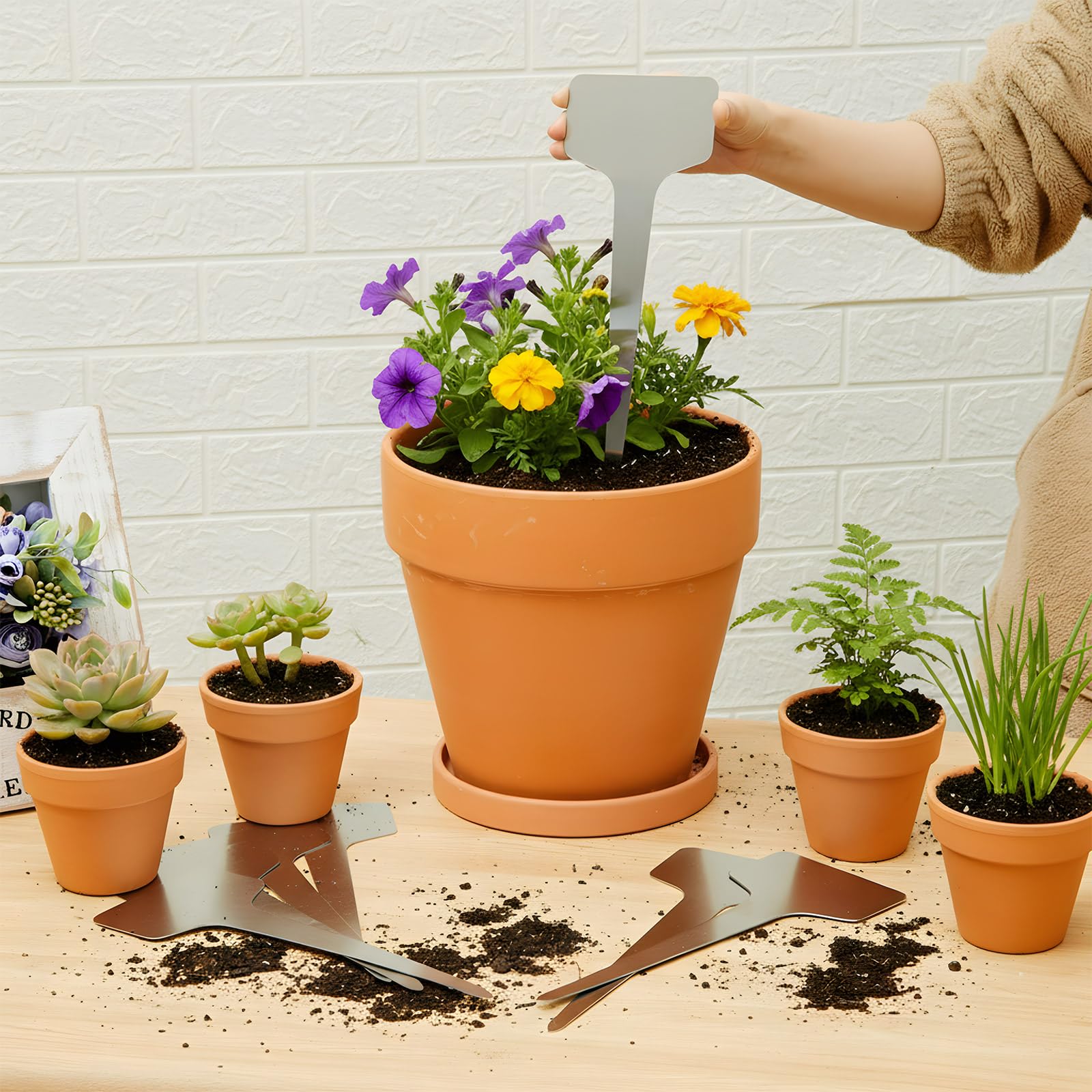 Hicarer 24 Stück 27,9 cm extra hohe Edelstahl-Pflanzenetiketten, Metall, wasserdicht, T-Typ, Pflanzenanhänger, Etikettenbereich 10,2 x 5,6 cm, wiederverwendbare Gartenmarker für Gemüse, Kräuter