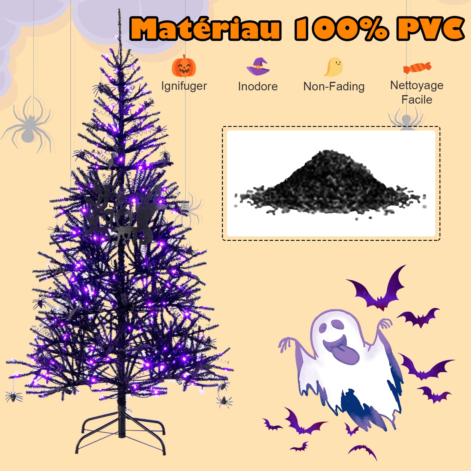 COSTWAY Sapin de Noël Noir 180 CM, 250 Lumières LED Violette et Accessoires d'halloween, Sapin Artificiel d'halloween avec 791 Branches en PVC, Arbre de Décoration pour Maison, Bureau, École