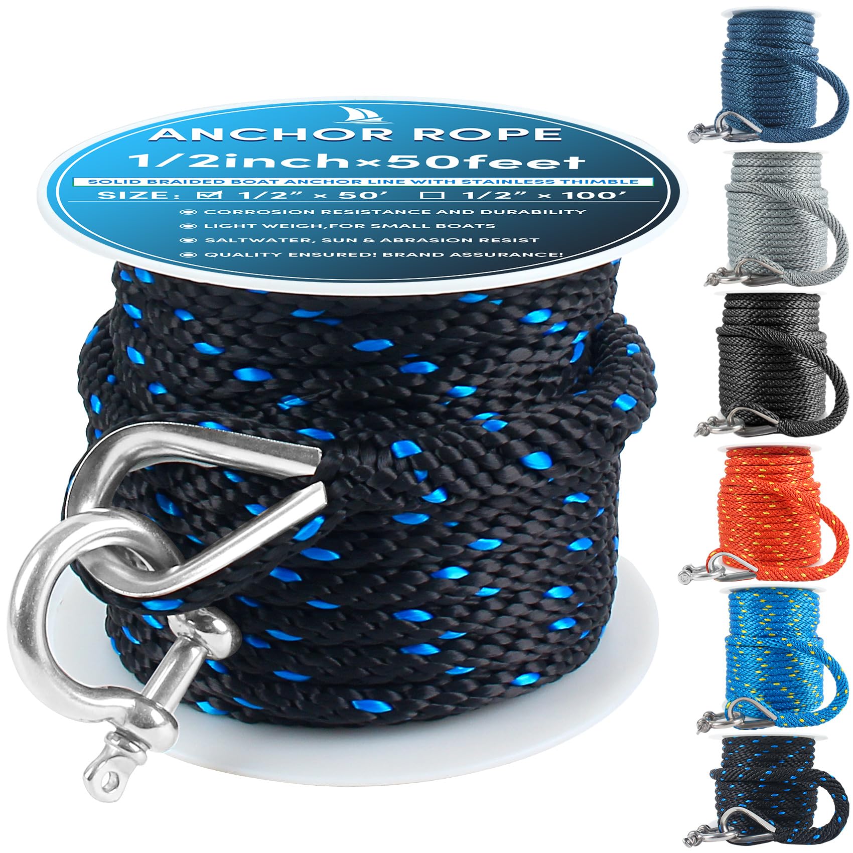 Premium Anchor Rope 50 ft x 1/2 inch, Solid Braid MFP Anchor Line Boat Rope with Thimble & Shackle - Black/Blue