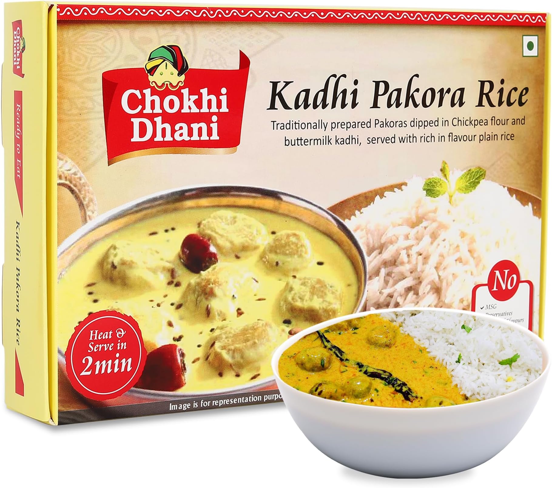Chokhi Dhani Kadhi Pakora with Rice, Ready to Eat Authentic Kadhi Chawal Meal, Instant Premix, Home Style Food Ready in 2 Minutes, Just Heat on Microwave, Stove Top or Hot Water (Pack of 1, 360g)