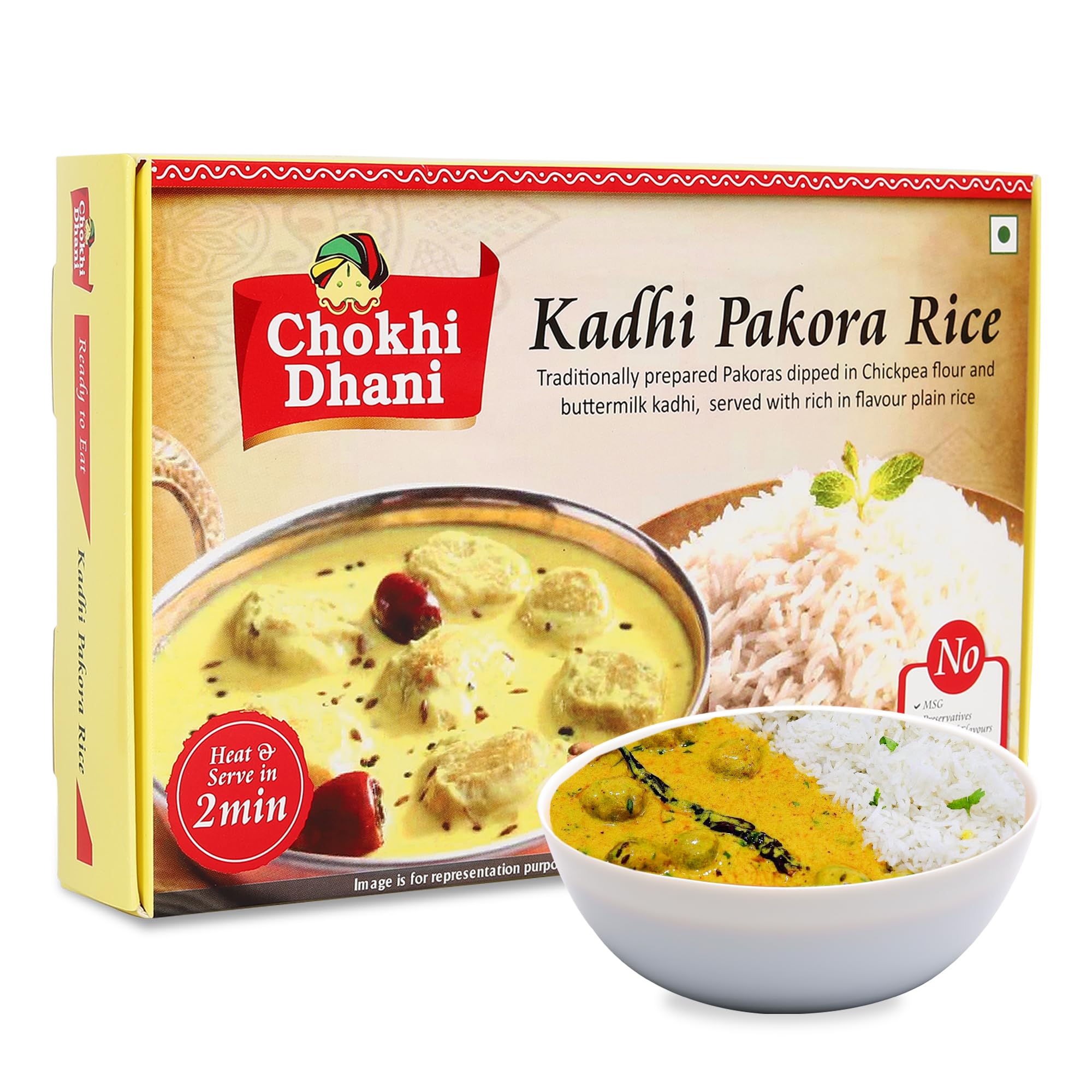 Chokhi Dhani Kadhi Pakora with Rice, Ready to Eat Authentic Kadhi Chawal Meal, Instant Premix, Home Style Food Ready in 2 Minutes, Just Heat on Microwave, Stove Top or Hot Water (Pack of 1, 360g)