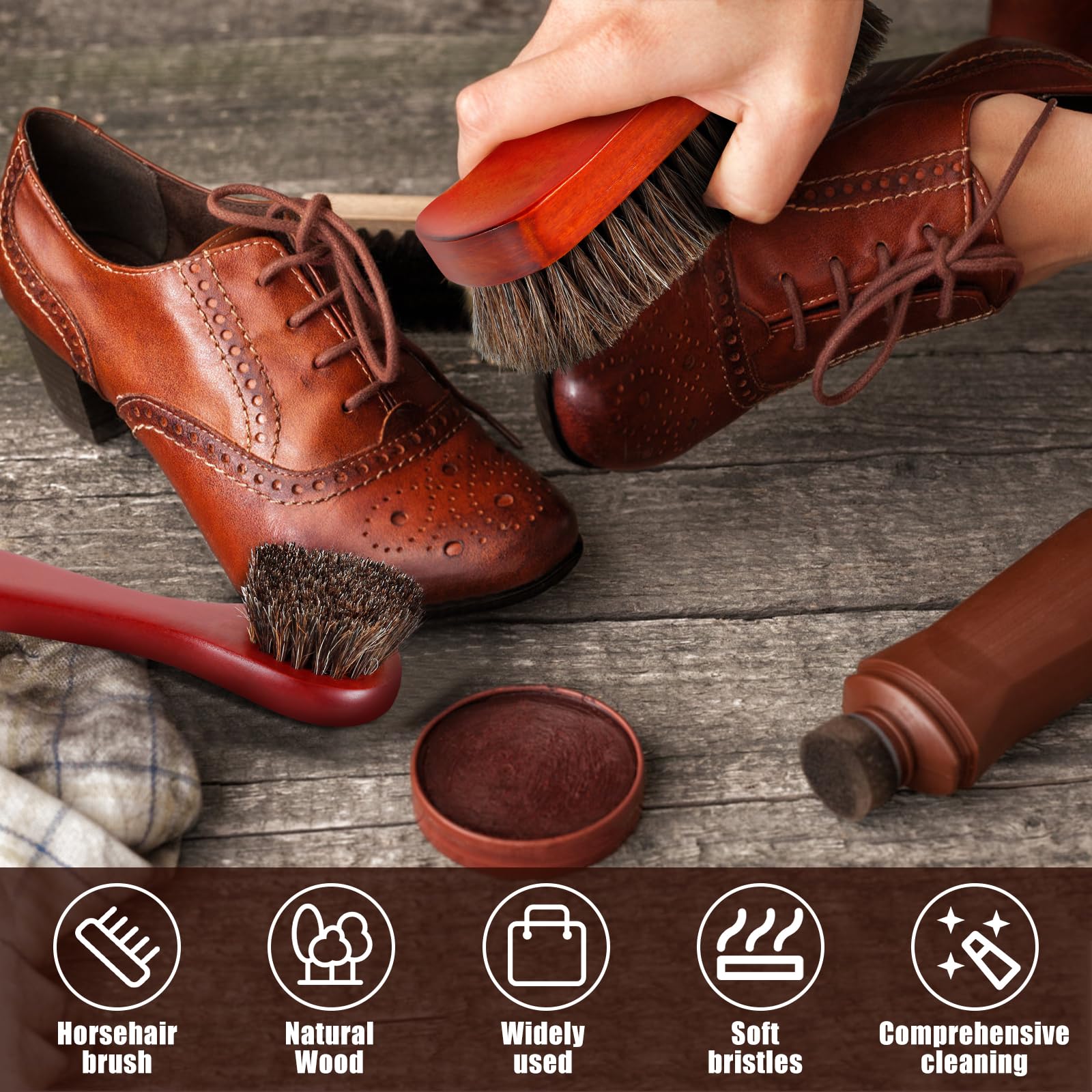 Spazzole Per Scarpe In Crine Di Cavallo - 2 Pezzi, Legno, Per Pulizia E Lucidatura - Foto 5