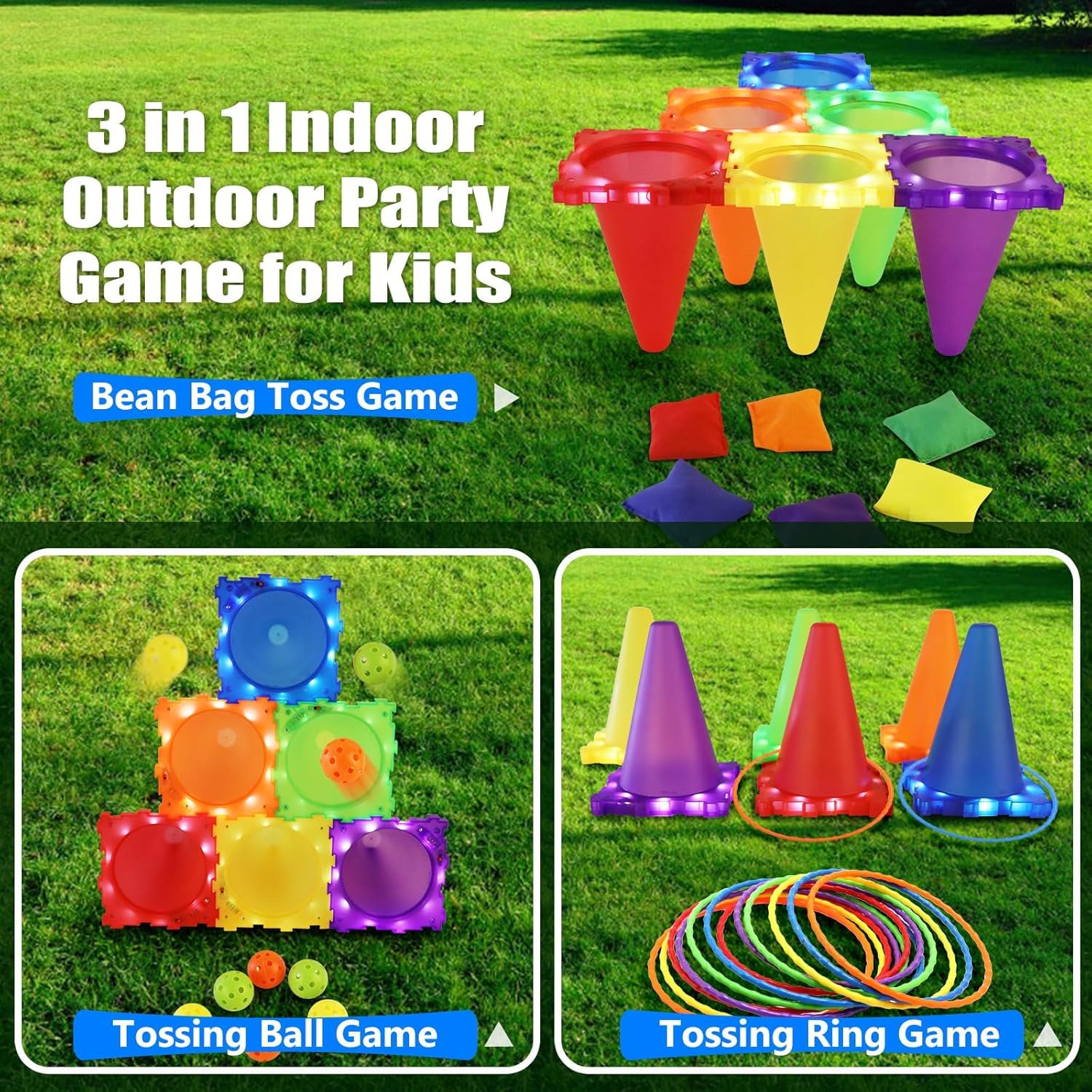 VATOS Light Up Wurfspiele Outdoor Spiele Gartenspiele für Kinder 3 4 5 6 Jahre, Ball & Ring & Bean Bag Toss Spiel Set, Wurfspiel Gartenspielzeug Spiele für Draussen Outdoor Spiele Spielzeug für Kinder