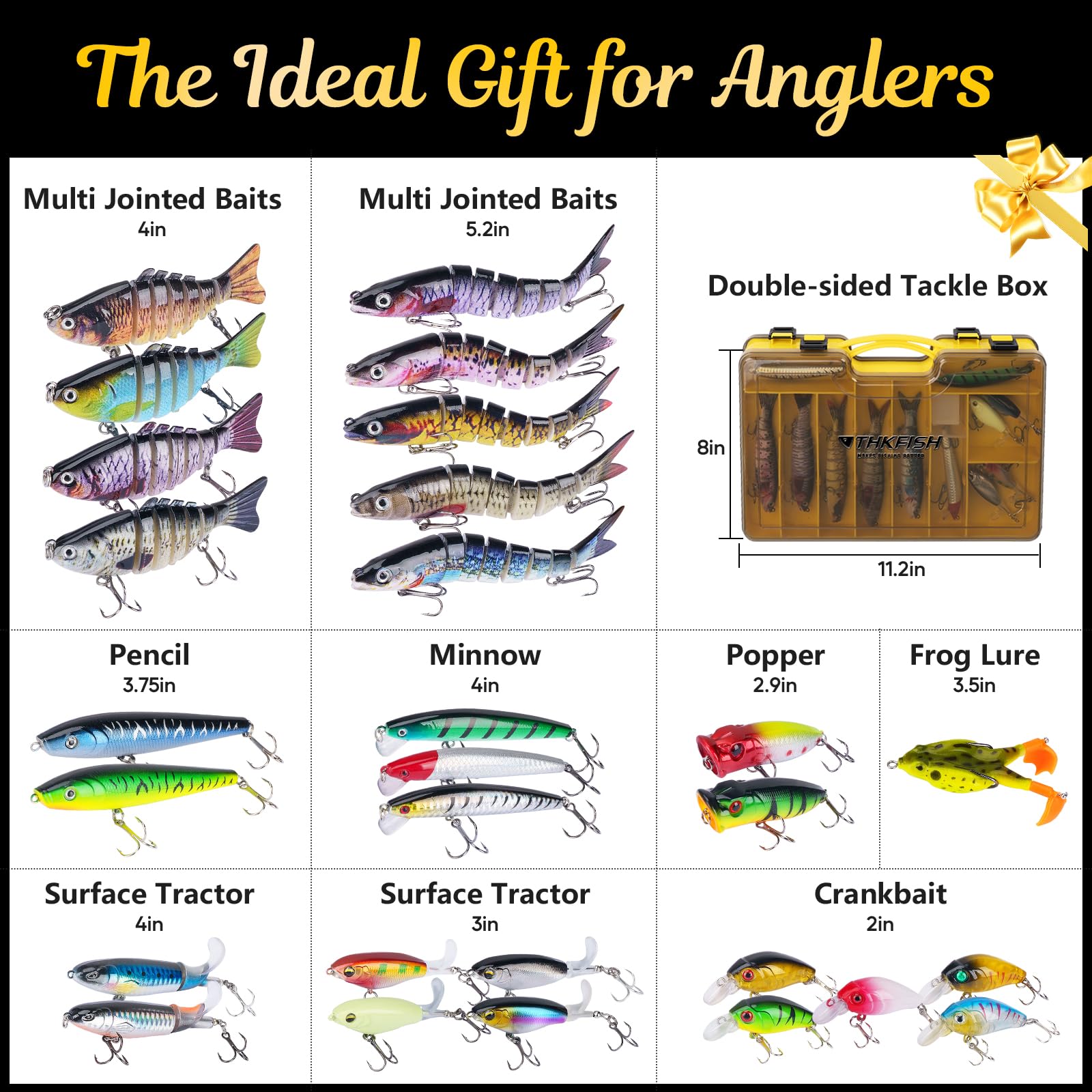 THKFISH Kit de leurres de pêche avec appâts nageurs multi-articulés, appâts de surface, crankbaits, crayon, grenouille, méné, 28 pièces, articles de pêche à la truite, au bar, coffret cadeau pour eau