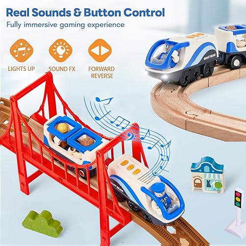 Vista 2 de Trenes magnéticos con batería de Giant bean con luces y sonido, locomotora eléctrica con botones de avance y retroceso, 3 figuras, compatible