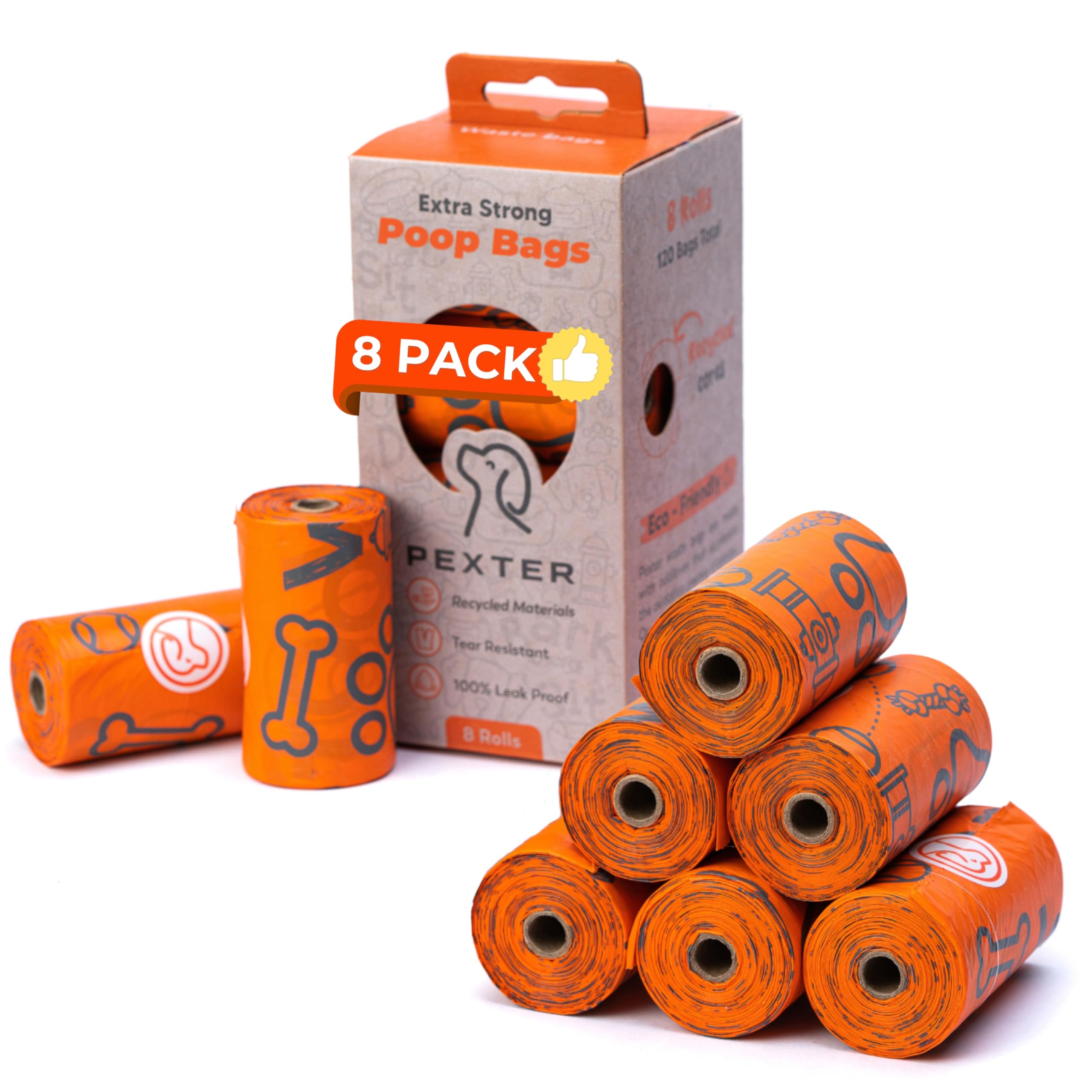 Pexter Dog Poop Bags, Leak-Proof, Strong and Unscented - 8 Pack (120 Bags)