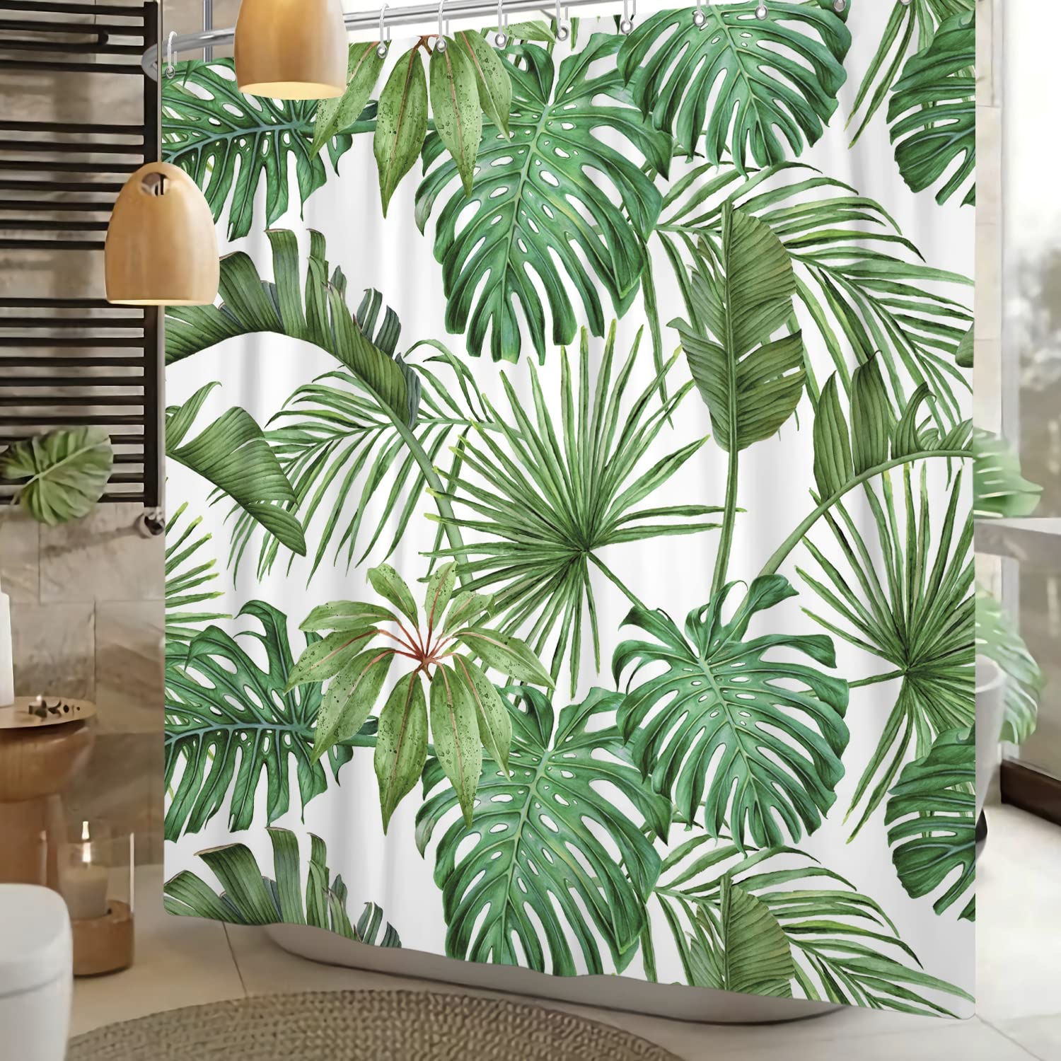 SDOTPMT 41x63 Inch Watercolor Green Palm Leaves Shower Curtain Summer Tropical Botanical Plants Bath Curtain Jungle Banana Monster Leaf Shower Curtain Fabric Polyester for Bathroom with Hooks - Image 2