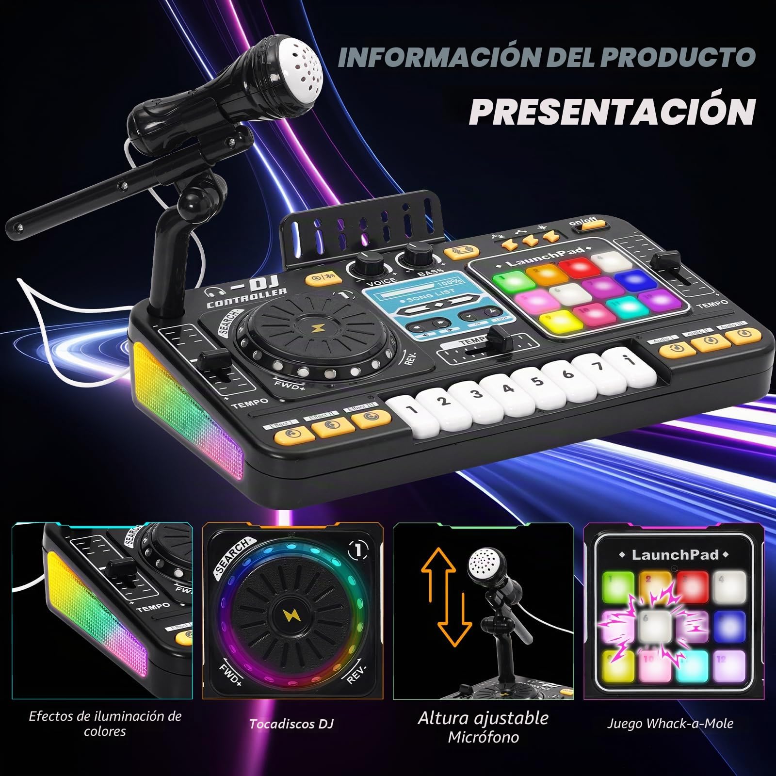 Mesa de Mezclas DJ Infantil con Teclado Piano - Kit DJ Niños con Bluetooth, Micro y Altavoz - Piano para Niños, Instrumentos Musicales Infantiles con 12 Pistas MIDI - Regalo Niña y Niño 3 Años