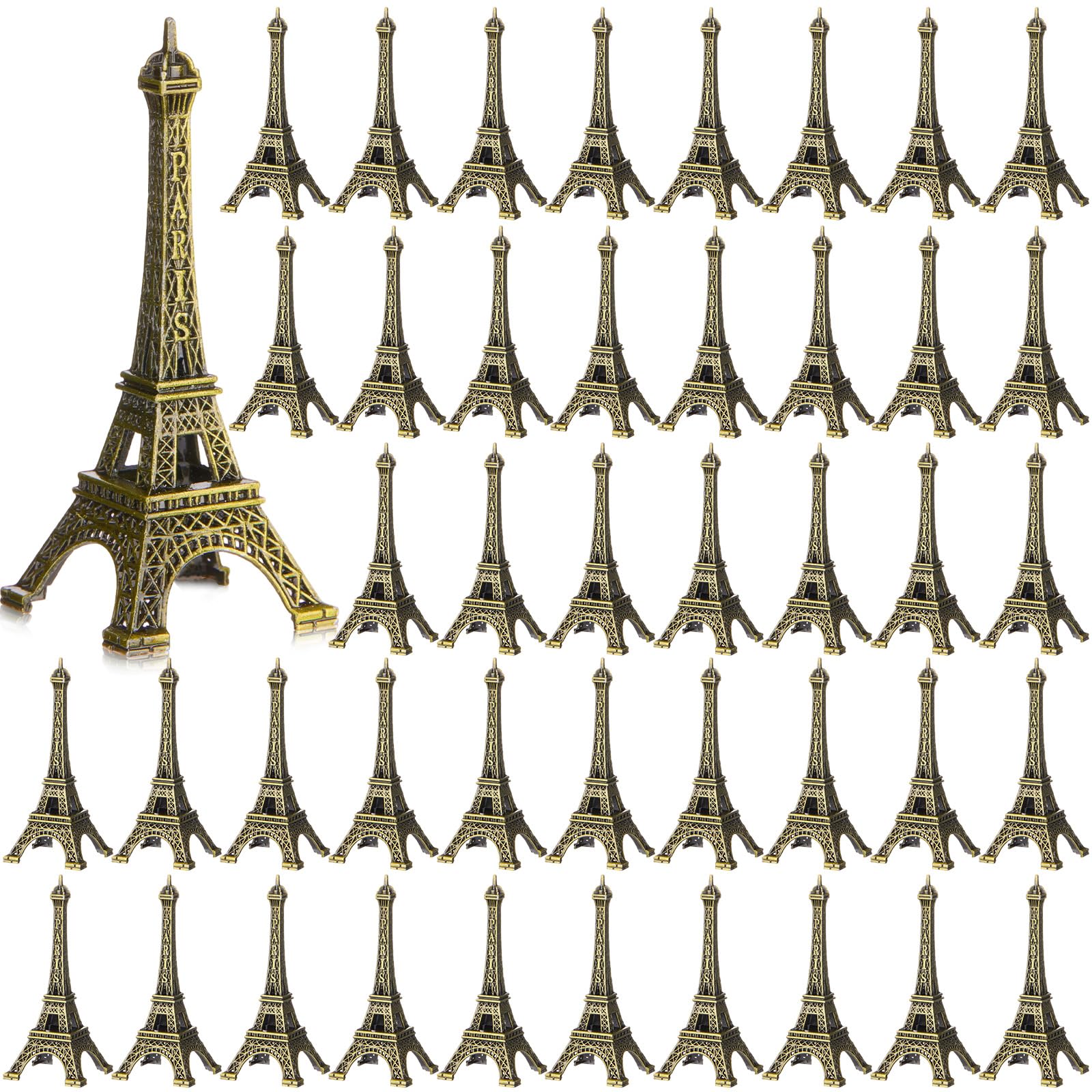 Yerliker 50 Pcs 3" Eiffel Tower Statue Bronze Metal Eiffel Tower Model Figurine Paris Themed Decor for Souvenir Photo Prop Cake Topper Table Party Home Decor Gift Christmas Ornaments