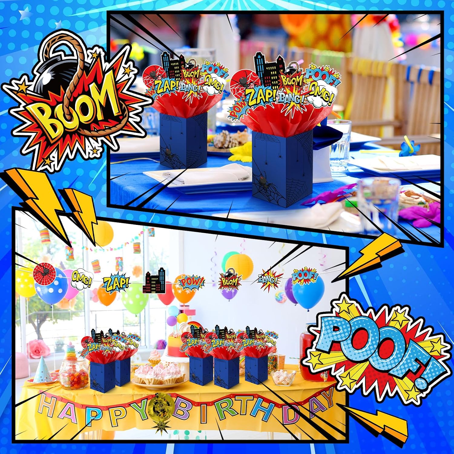 MotiMind 6 Sets 74 Pcs Spider Party Centerpieces Spider themed Party Decorations Table Toppers with Box Circus Sound Effect Cutouts and Sticks Tissue Paper for Baby Shower Birthday Decor