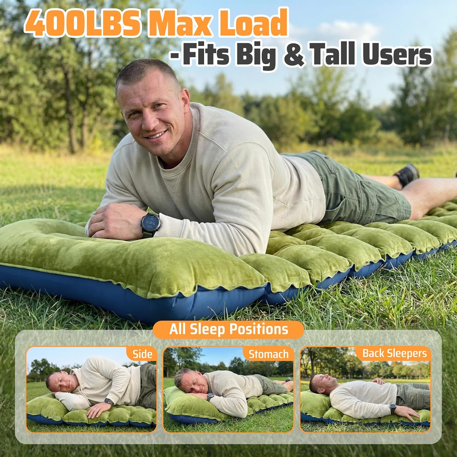 4" Thick Double-Sided Camping Sleeping Pad | Warm Velvet Top, Waterproof Nylon Bottom | Inflatable Mattress for Backpacking & Cold Weather