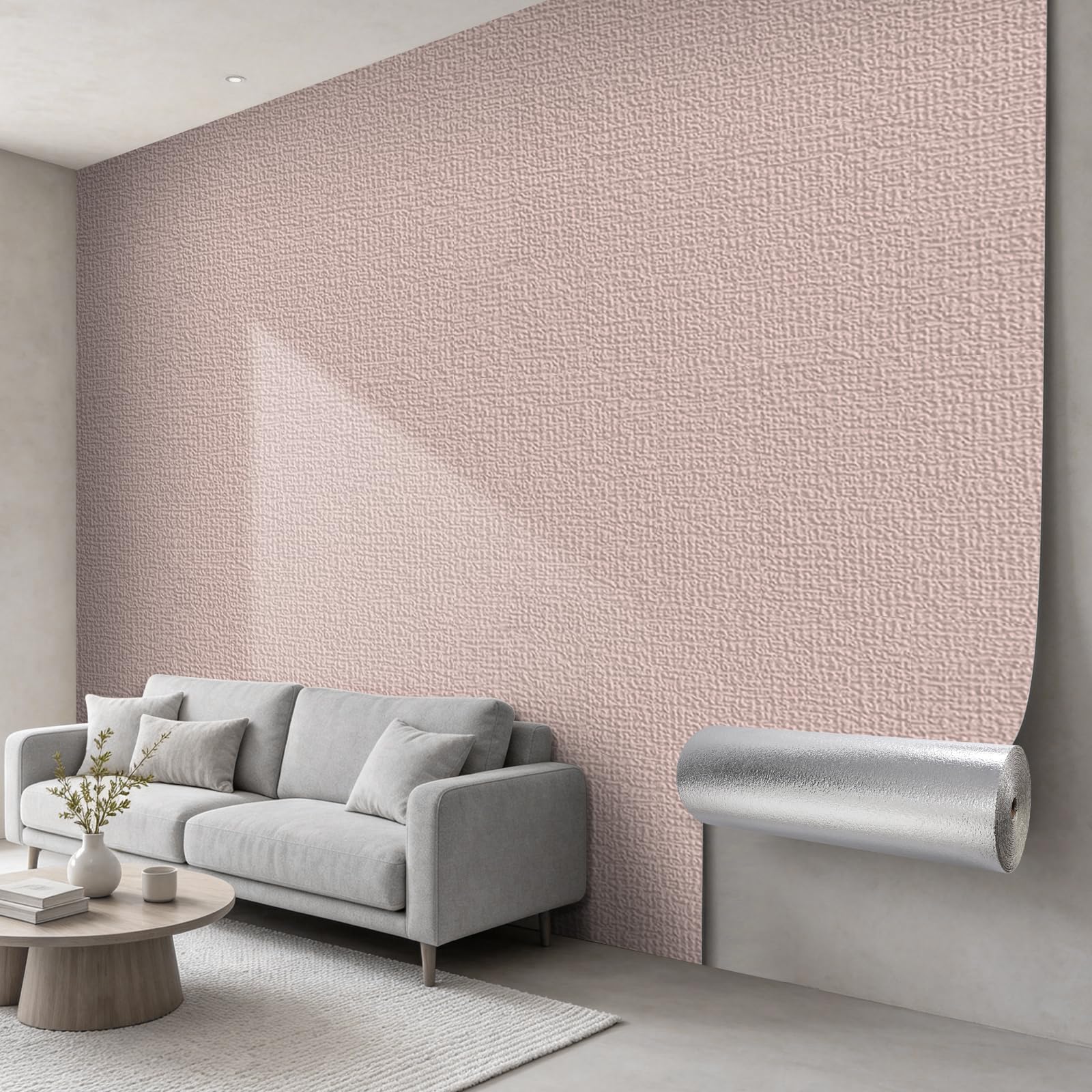Pamatio Peel and Stick Wallpaper Light Pink Linen Textured, 2.8m x 0.5m Thick Self Adhesive Wallpaper Fabric Effect 5 Roll Thermal Insulation DIY Wall Covers for Bedroom Living Room Mould Wall Decor — image 1