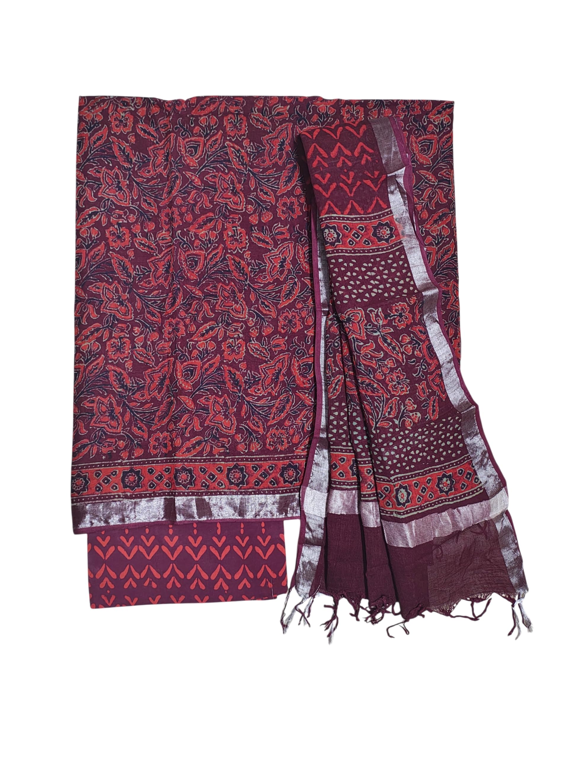 Linen Hand Block Print Unstitched Salwar Suit Set with Linen Dupatta for Women | Sanganeri Print Dress Material-image-11