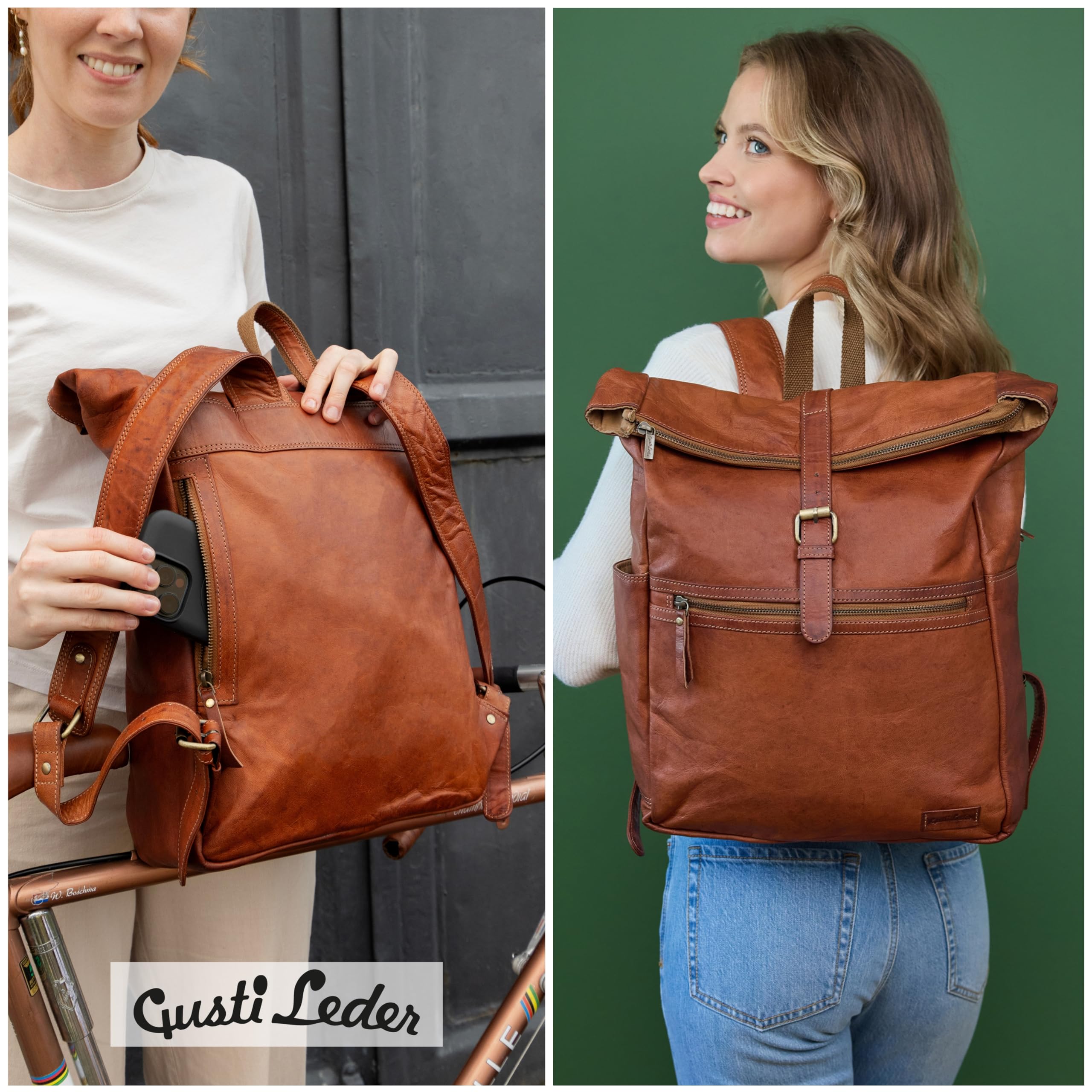 Gusti Zaino In Pelle Milo - Zaino Vintage In Pelle Da Uomo E Donna Con Scomparto Per Laptop Impermeabile, Bagaglio A Mano 15 Pollici, Organizer, Scomparto AirTag, Robusto Zaino Business Per La Scuola