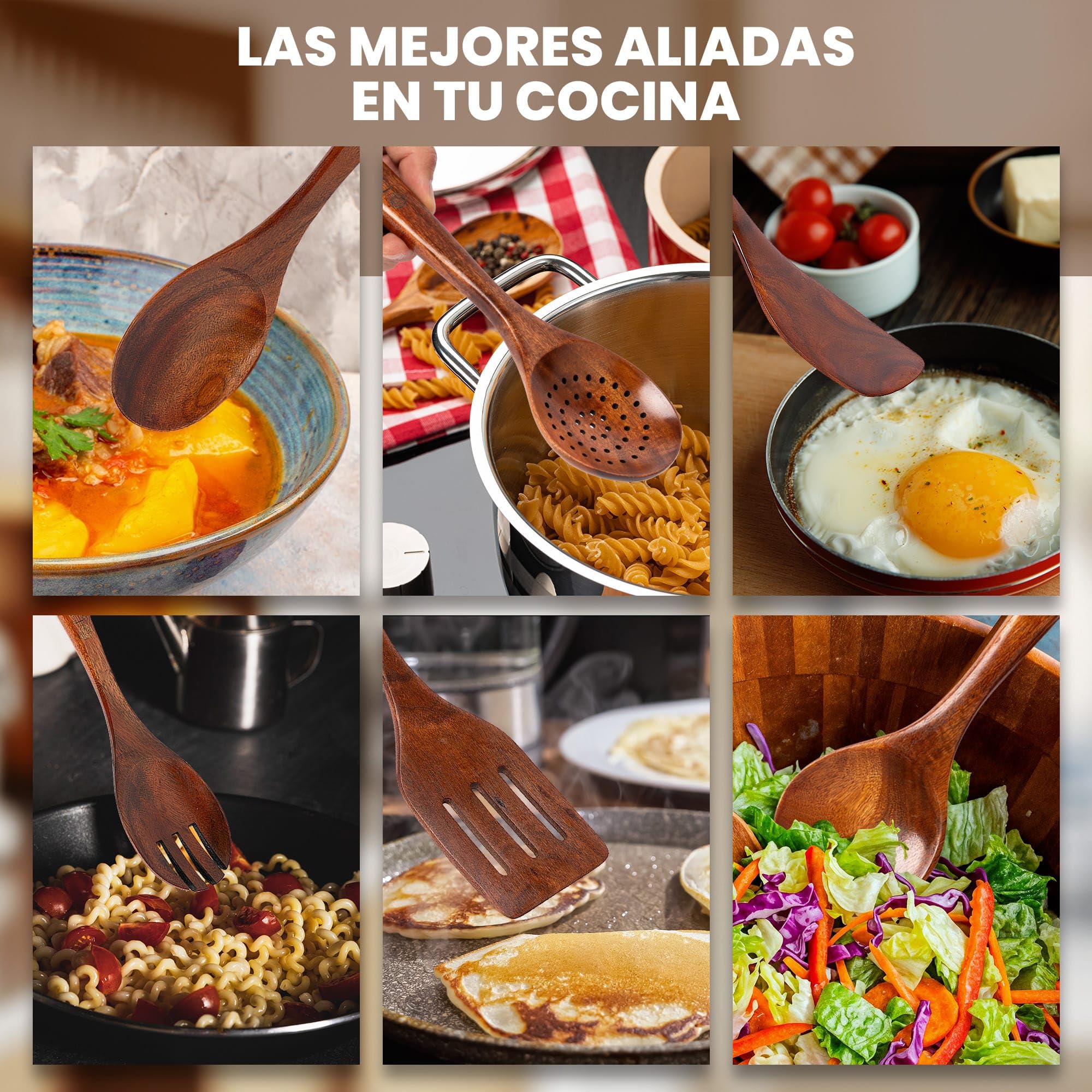 Utensilios de Cocina Madera - 9 pzas - Madera de Teca - Antiarañazos - Set de Espatulas y Cucharones de Cocina - Agarre Comodo para sartenes Antiadherentes - CAMBLA