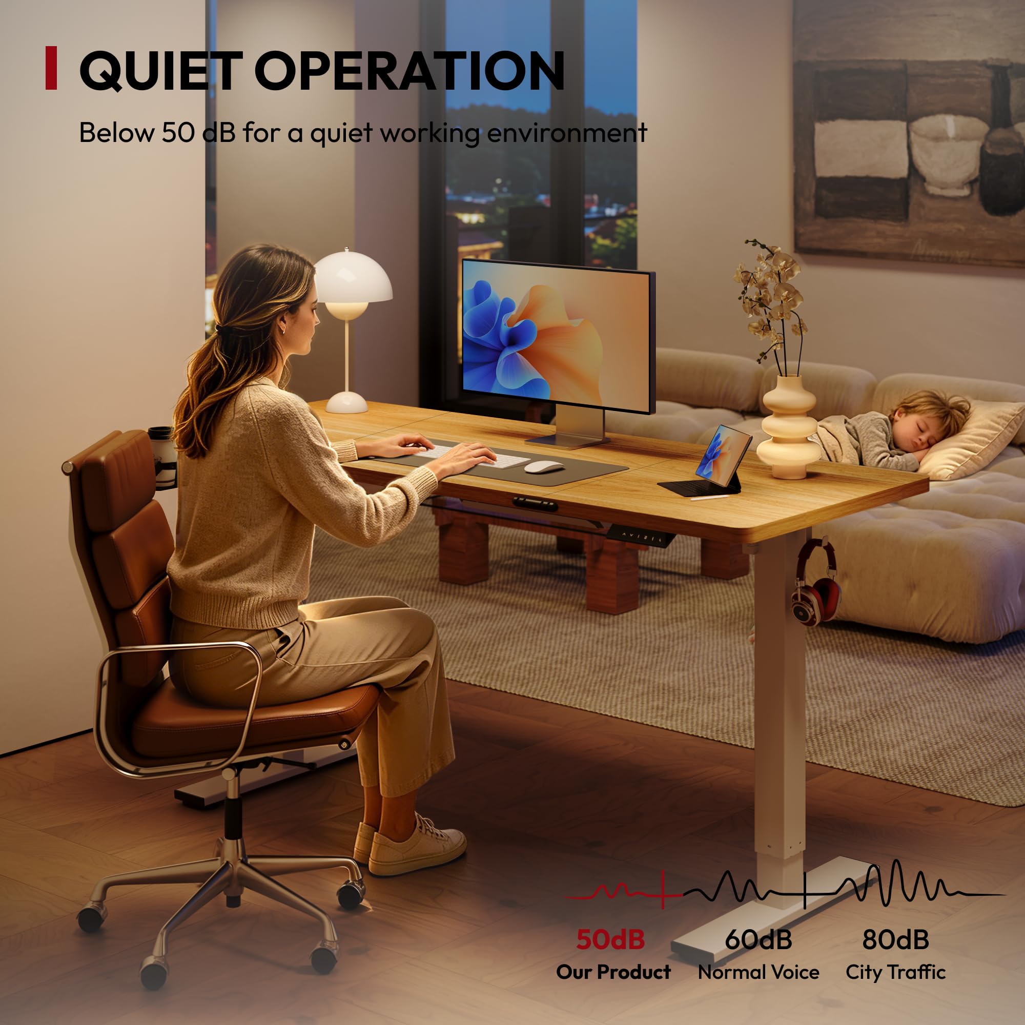 SANODESK Escritorio Elevable 140x60 cm, Altura Regulable con Control Digital y Memoria, Sistema Anticolisión, Mesa Escritorio Elevable Silenciosa para Oficina y Hogar, Arce