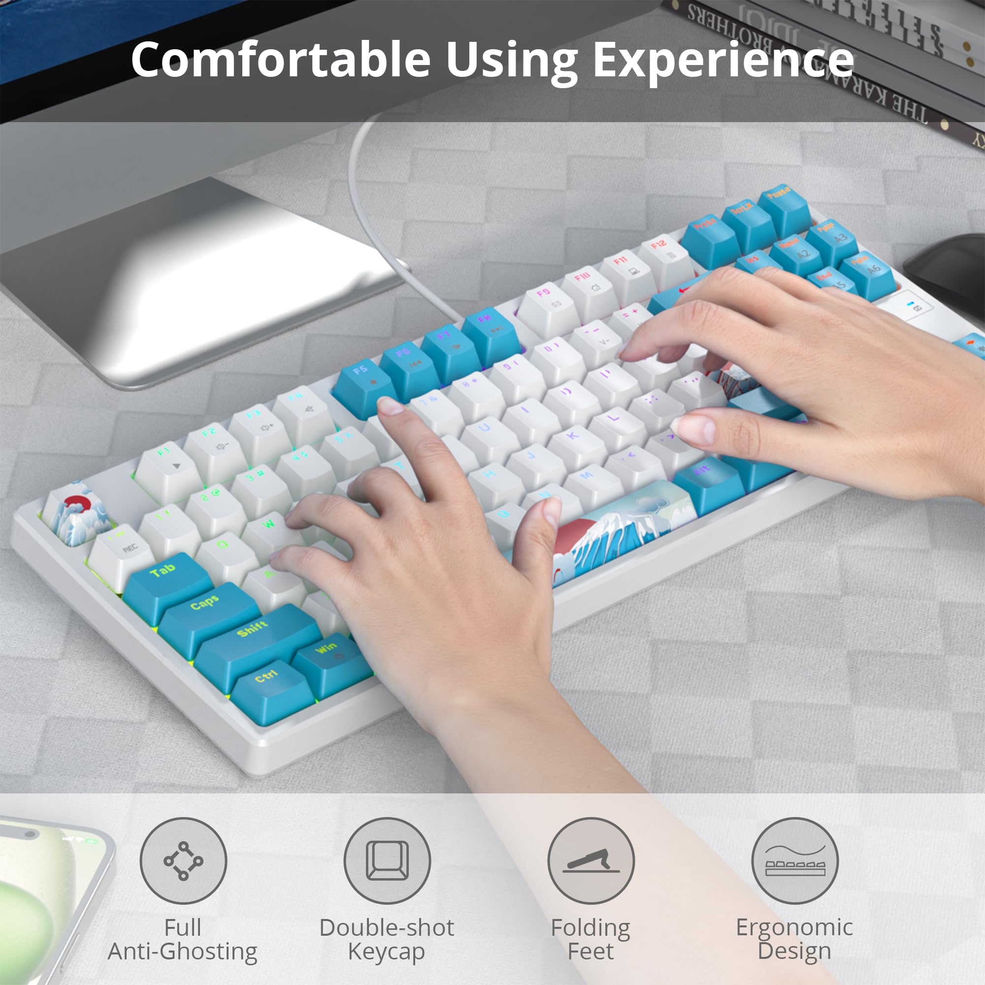TKL klawiatura gamingowa 80 procent, klawiatura mechaniczna RGB American QWERTY, 87 klawiszy, przewodowa klawiatura podświetlenie z liniowym czerwonym przełącznikiem dla graczy PC 87 Sea