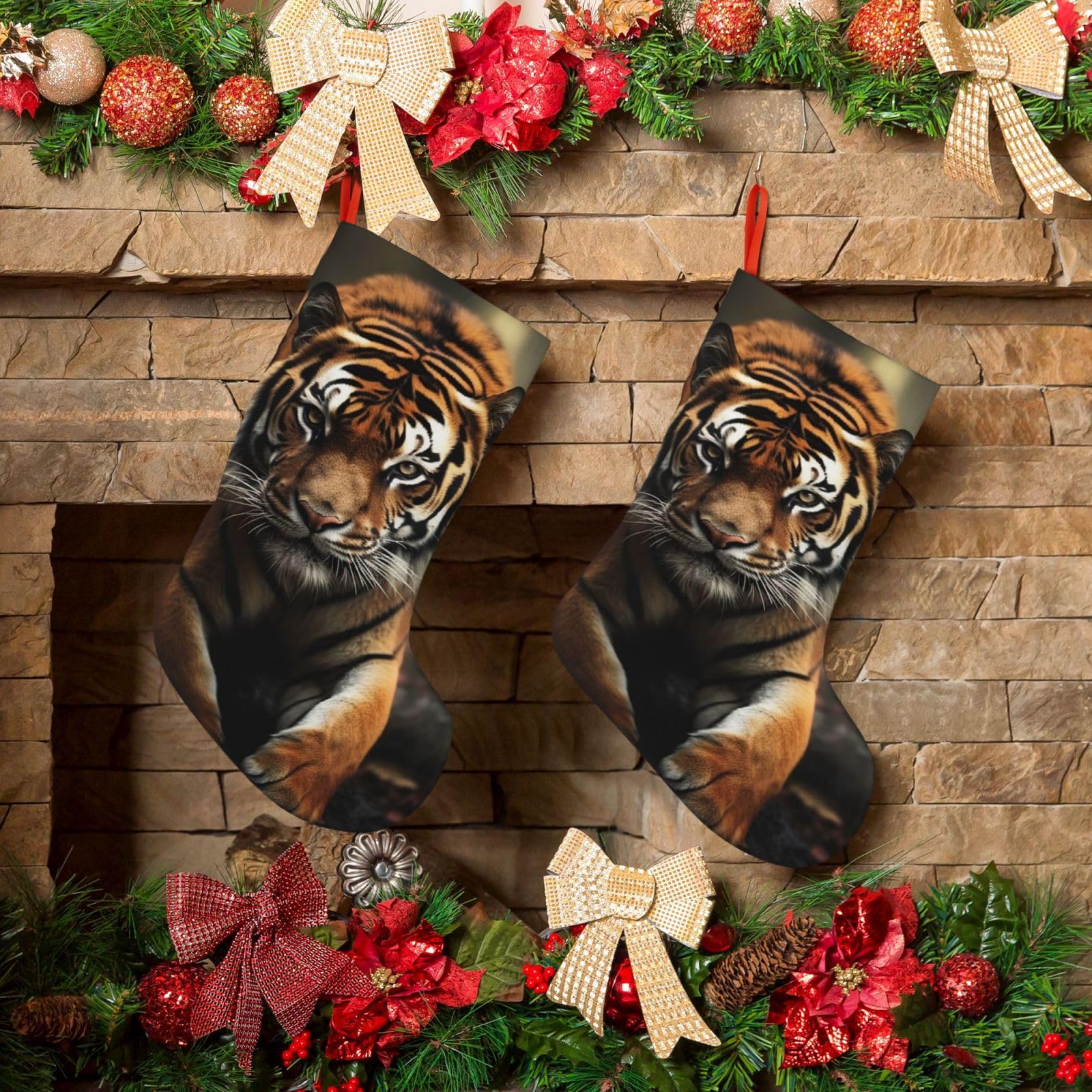 KLOPH Christmas Stockings 18" Personalized Xmas Stocking Wild Animals Tiger Decoration Stocking Hanging Fireplace Stocking for Holiday Xmas Tree Christmas Fireplace Decor