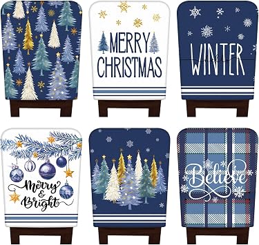 FuWeave 6 Pcs Christmas Chair Covers Christmas Chair Back Covers Xmas Chair Protector Slipcovers Washable Winter Dining Room Seat Covers for Home Hotel Kitchen Decorations Blue Xmas Tree