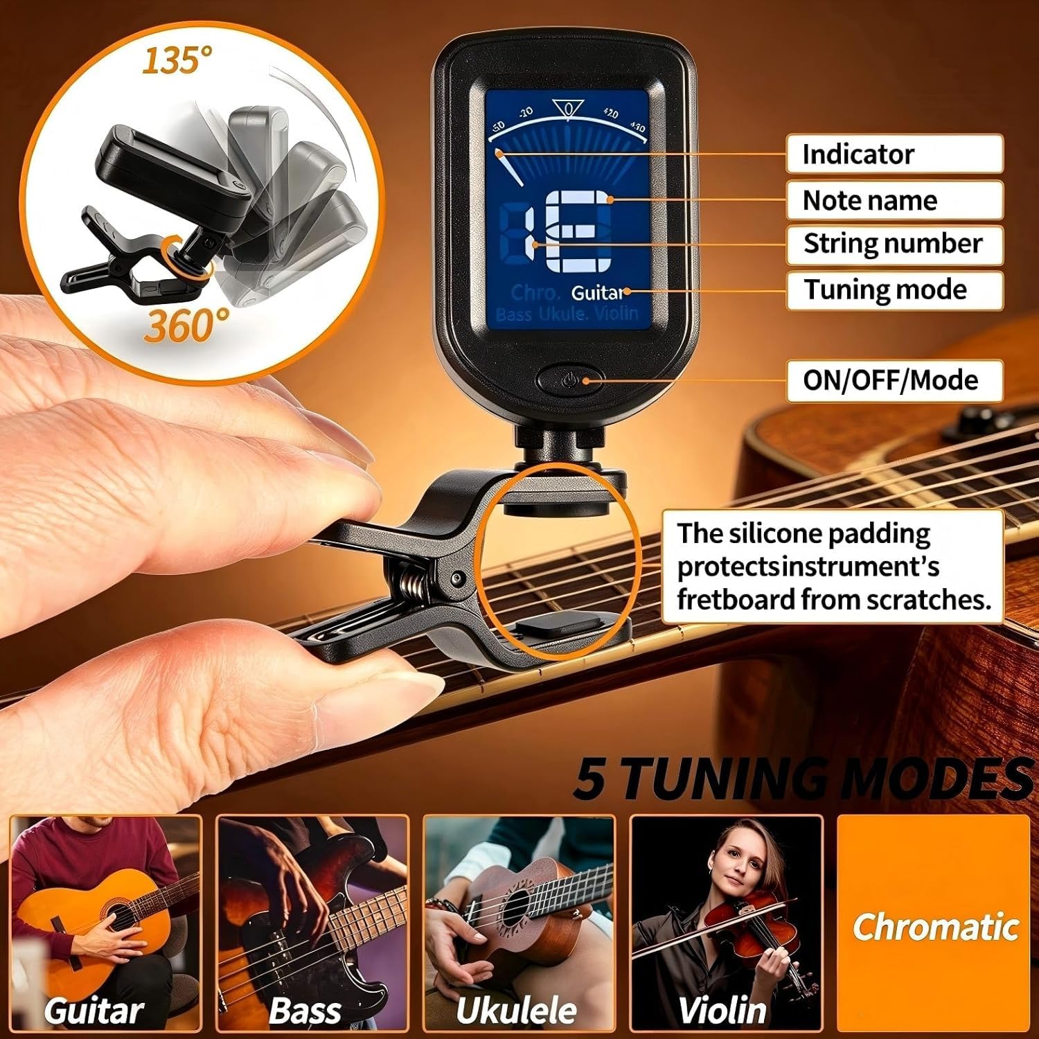 Sound harbor Accordatore per chitarra a clip, confezione da 6, cromatico, per chitarra acustica, ukulele, violino e basso, confezione da 6