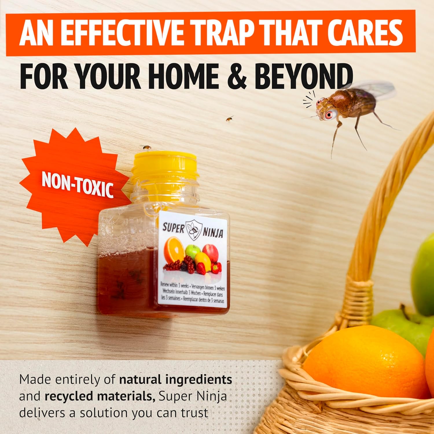 Super Ninja Fruit Fly Traps for Indoors - 12 Pack, Highly Effective Fruit Fly Catcher for Indoor Use for Home & Kitchen, Up to 3 Weeks of Performance per Bottle, Kid & Pet Friendly