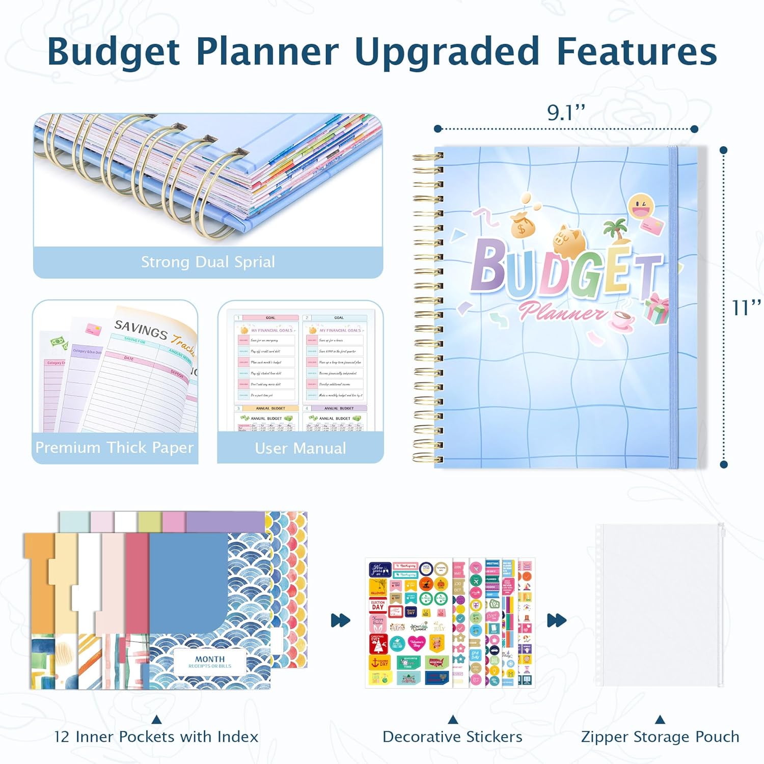 Ospelelf Budget Planner Undated, Money Expense Tracker with Pockets & Stickers, Thick Cardboard Cover, Large Pages for Spacious Writing, Original Fun Colorful Design, 12 Month Financial Notebook, Blue Pool