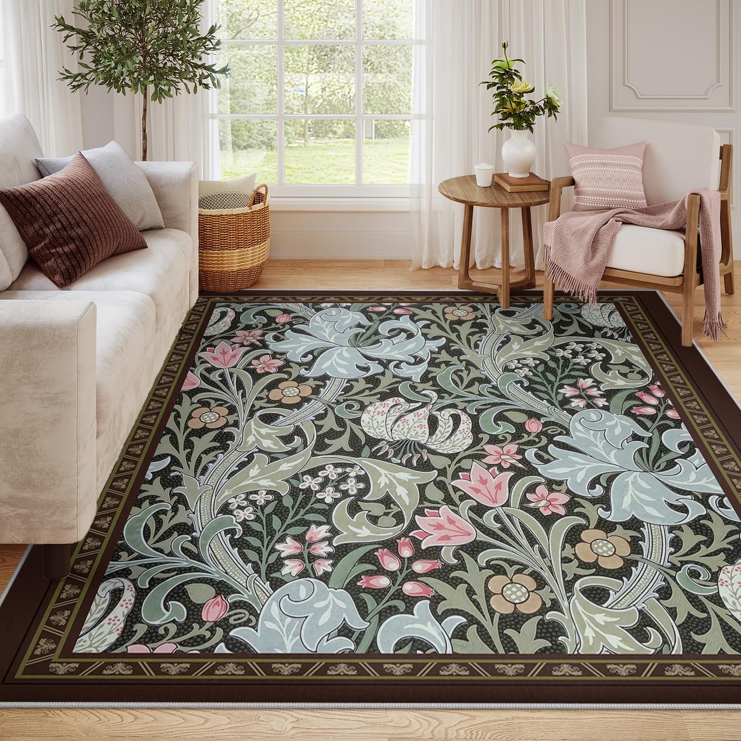 Tapis vintage floraux 80x150cm marron et vert bohème fin