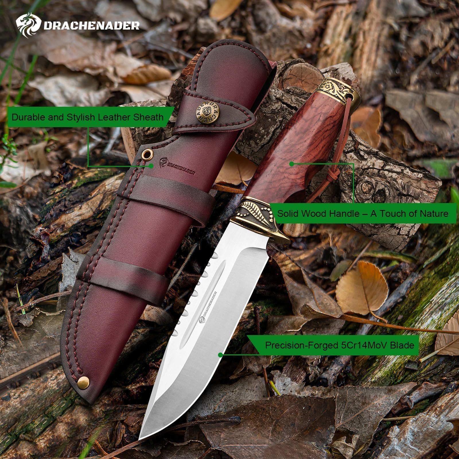 DRACHENADER coltello da caccia lama fissa Yu - Ln, 14,7cm lunghezza lama cintura con fodero in pelle, acciaio 5Cr14moV, manico in legno, campeggio sopravvivenza all'aperto