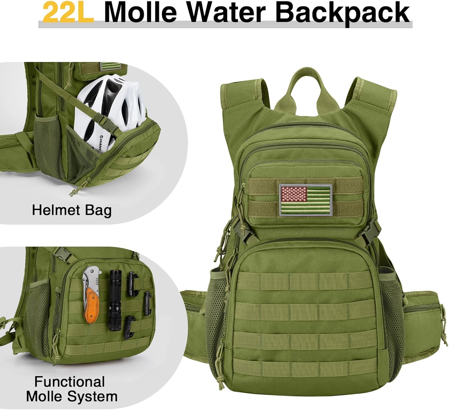 CVLIFE Tactical Hydration Backpack with 3L TPU Water Bladder, 22L Hiking Backpack for Men Women, Heavy Duty Molle Water Backpack with Multiple Compartments for Cycling Running Hunting Camping - Image 2
