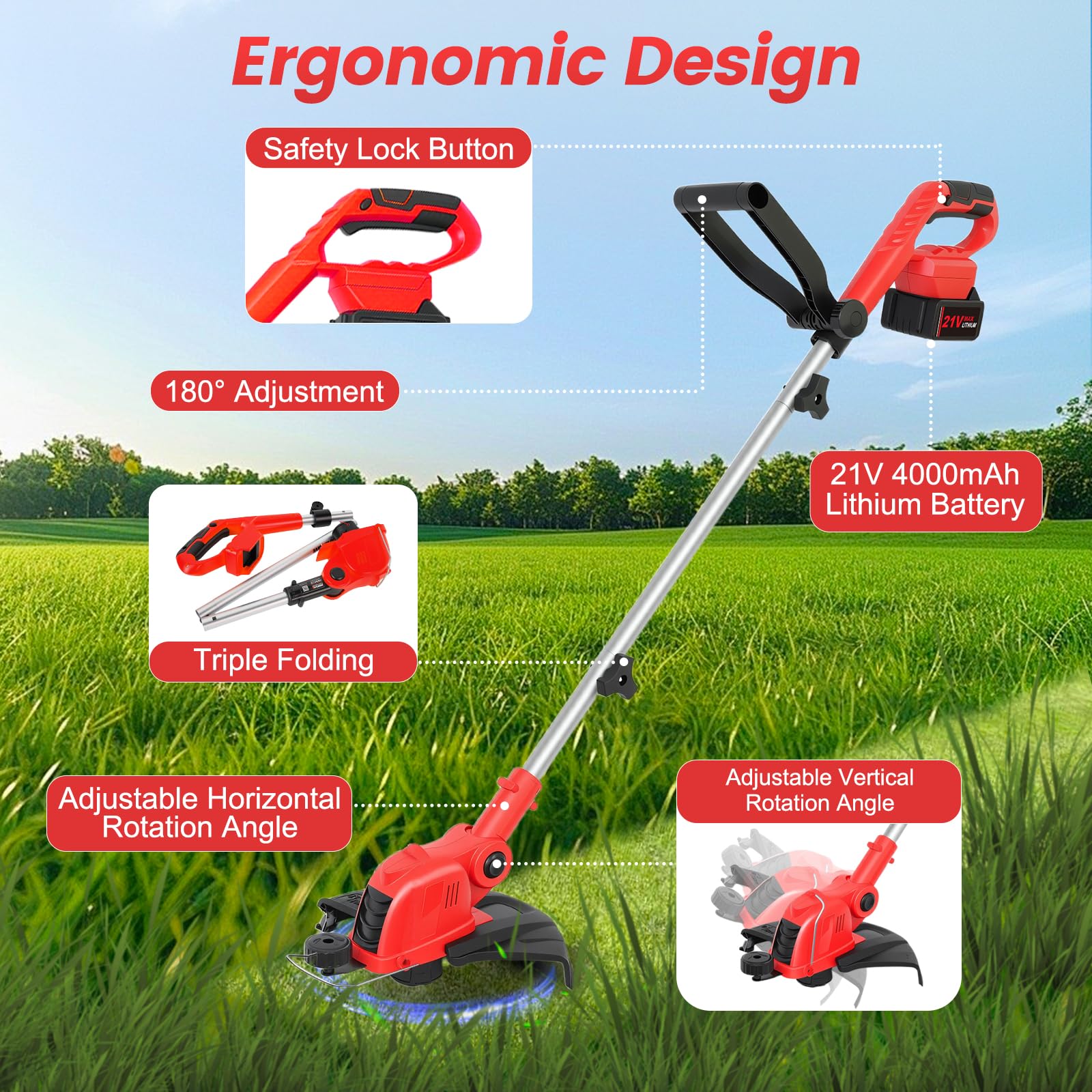 Recortadora de hilo inalámbrica Weed Wacker de 21 V con 2 baterías de 4.0 Ah y cargador rápido, recortadora de césped de alimentación automática de 12 pulgadas, comedor de malas hierbas eléctrico 2 en