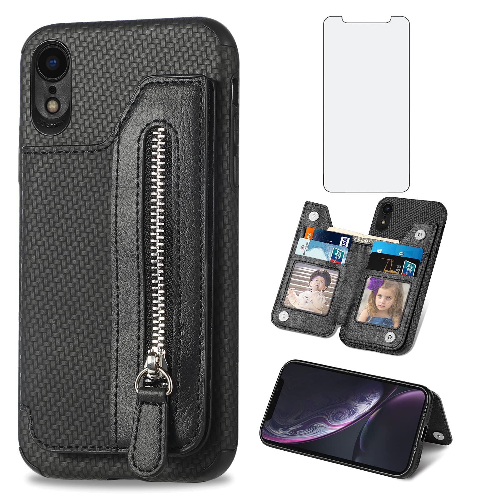Phone Case for iPhone XR 6.1 Wallet Cover with Tempered Glass Screen Protector and Zipper Credit Card Holder Stand Leather Cell iPhoneXR iPhone10R i Phonex 10XR 10R RX CR iPhoneXRcases Women Men Black