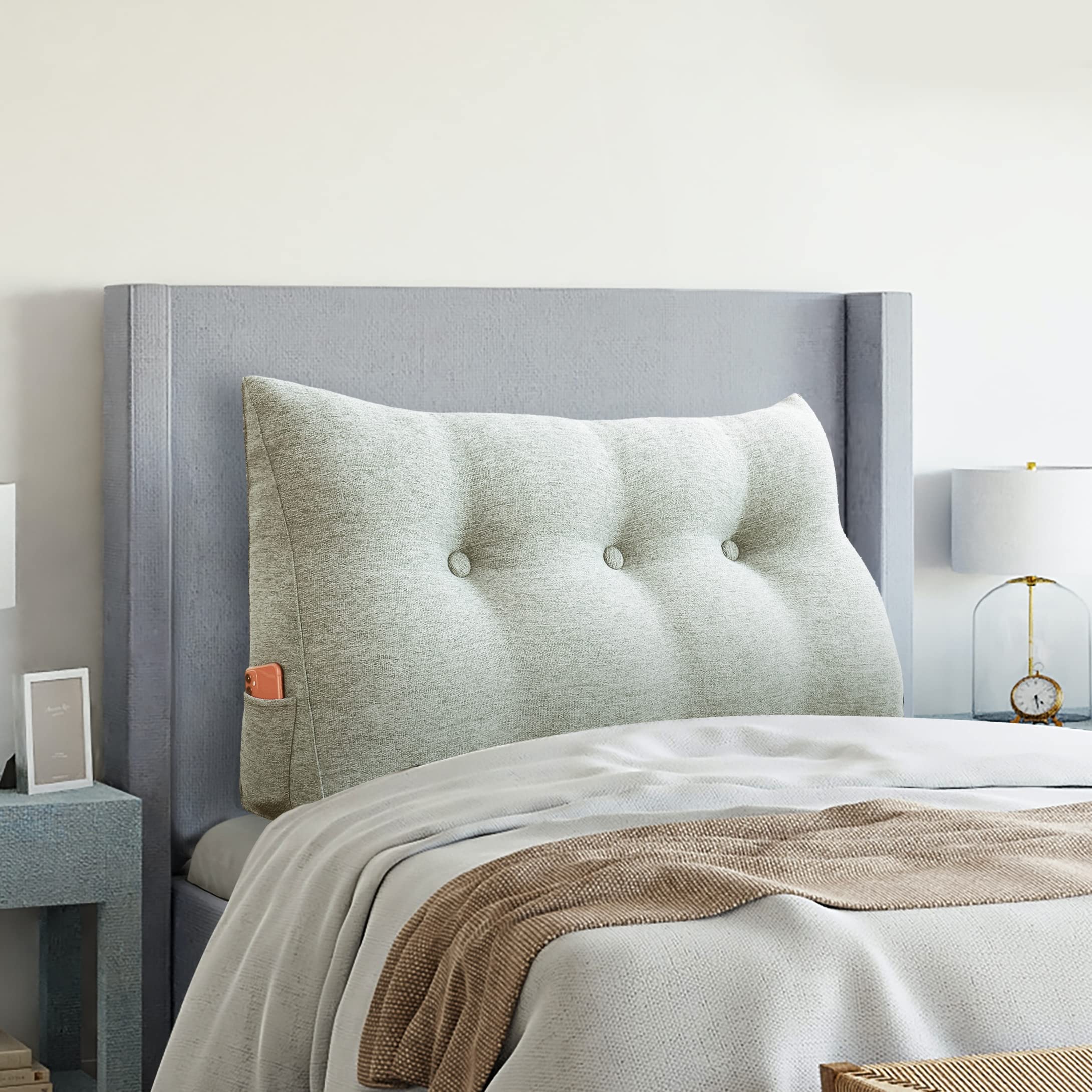 VERCART Triangular Headboard Wedge Pillow Daybed Pillows Bed Headboard Pillow Wedge Bed Rest Reading Pillow Gap Filler Triangle Back Cushion Lumbar Positioning Upholstered, Linen Beige Twin