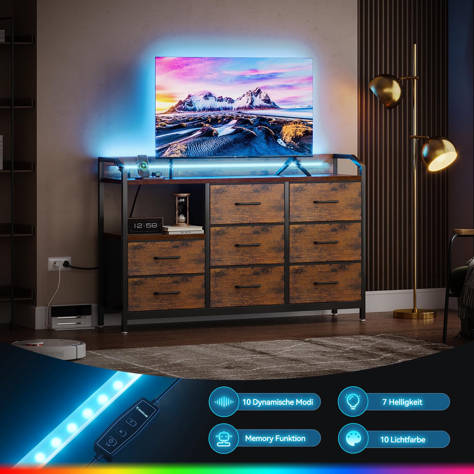 ODK Kommode mit Schubladen, Schubladenschrank mit LED-Lichtstreifen mit 10 Einstellbaren Farben und 2 USB- und 2 AC-Steckdosen, 8 Stoffschubladen, Wohnzimmer Schlafzimmer Kommode, 110*30*88cm Vintage