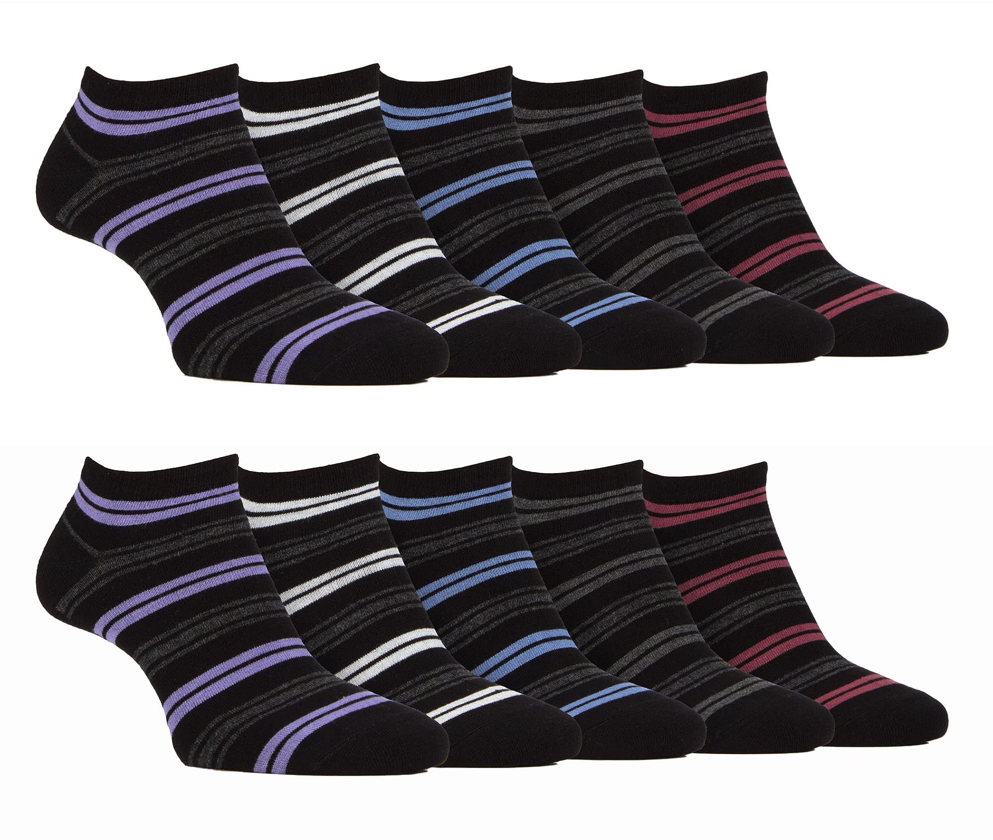 Farah (6-11, Black Stripe) - 10 Pack Mens Breathable Bamboo Plain Trainer Socks