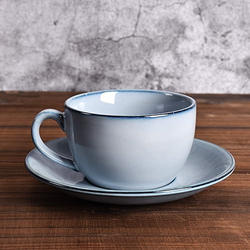Miniatura 6 de Bosmarlin Taza de café de cerámica con platillo, juego de 2 para café con leche, capuchino, té, 8.5 onzas, apta para lavavajillas y microondas (gris