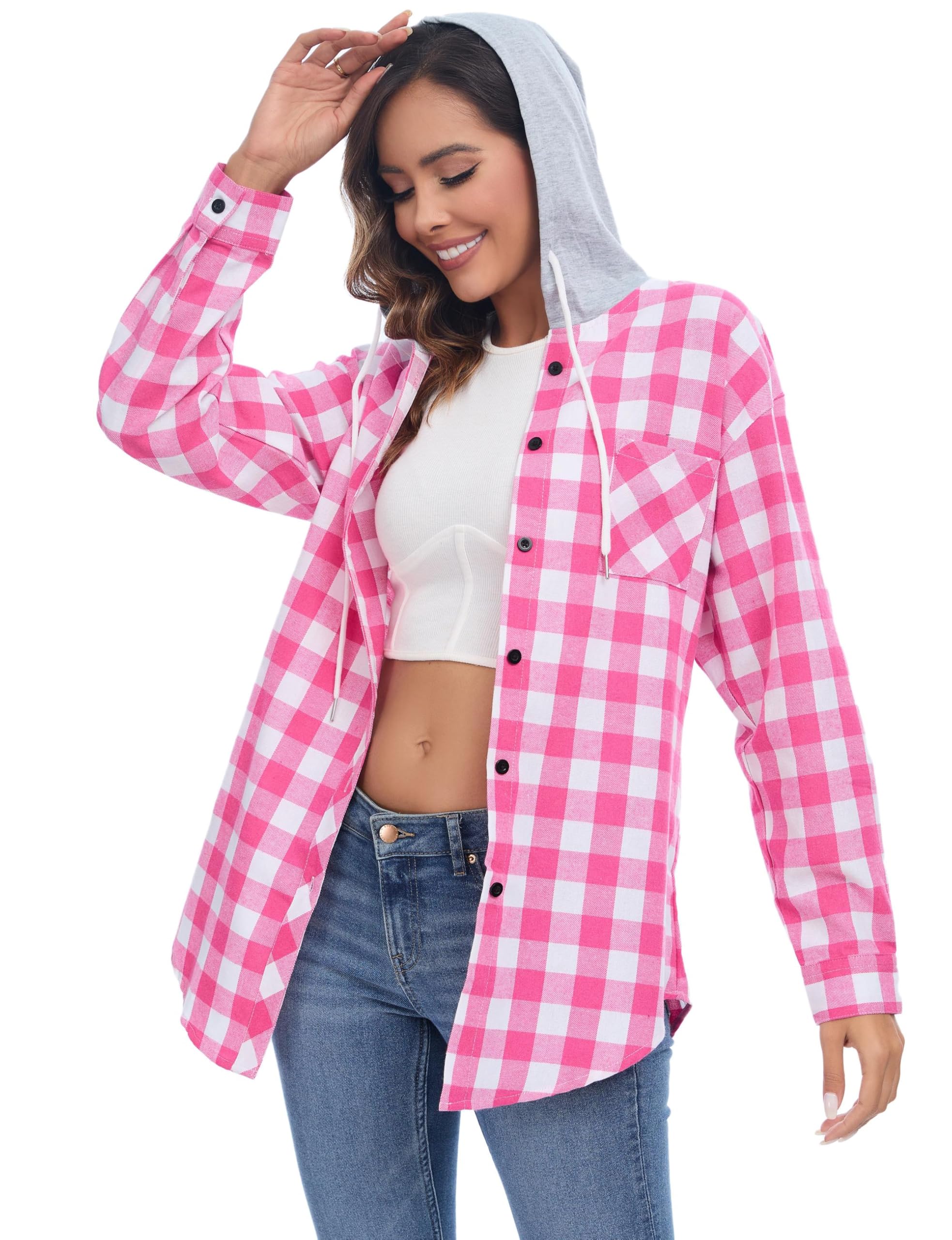 Jhsnjnr Damen Oversize Flanellhemd Hoodie Button Up Karo V-Ausschnitt Oberteil Mode Langarm Karierte Bluse