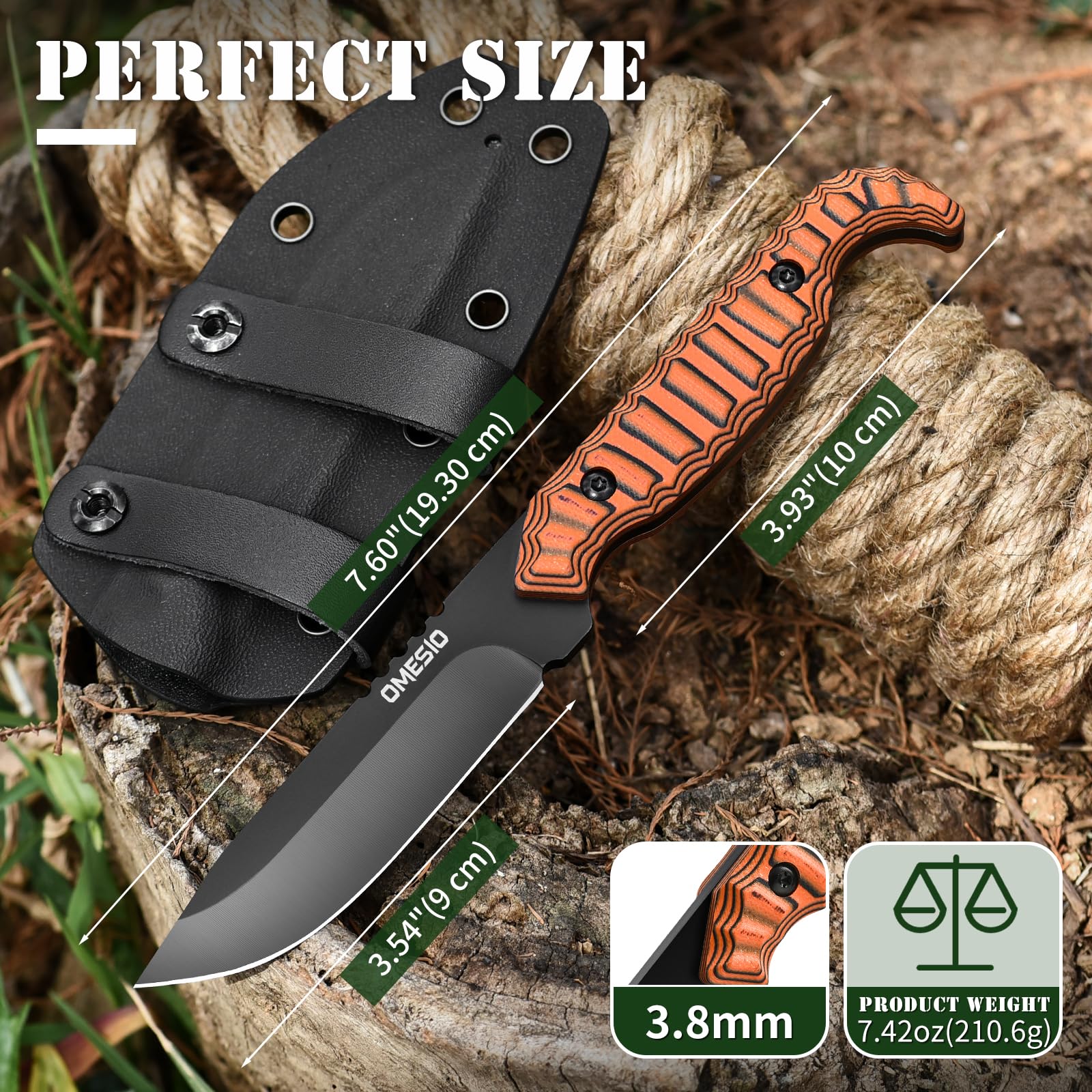 Omesio Outdoor Messer Survival M-FT15, D2 Stahl Full Tang mit Kydex Scheide Gürtelmesser, 9 cm Klingenlänge Kleines Jagdmesser, Schwarzer Klinge + Orange G10-Griff Zweifarbig für Angeln Geschenk