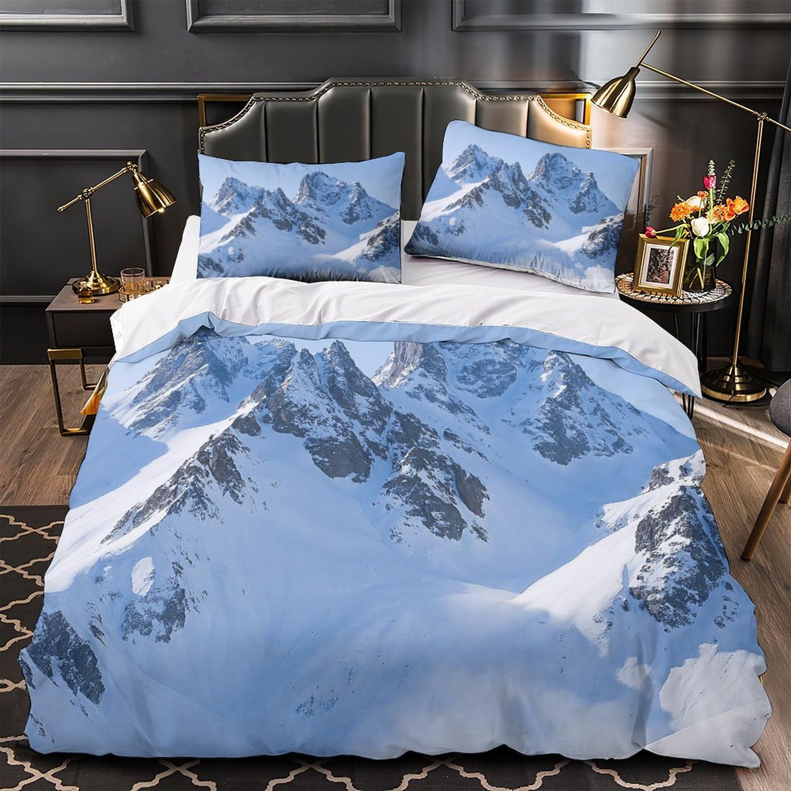 Parure de lit 3D sommets enneigés pour une ambiance chalet de montagne