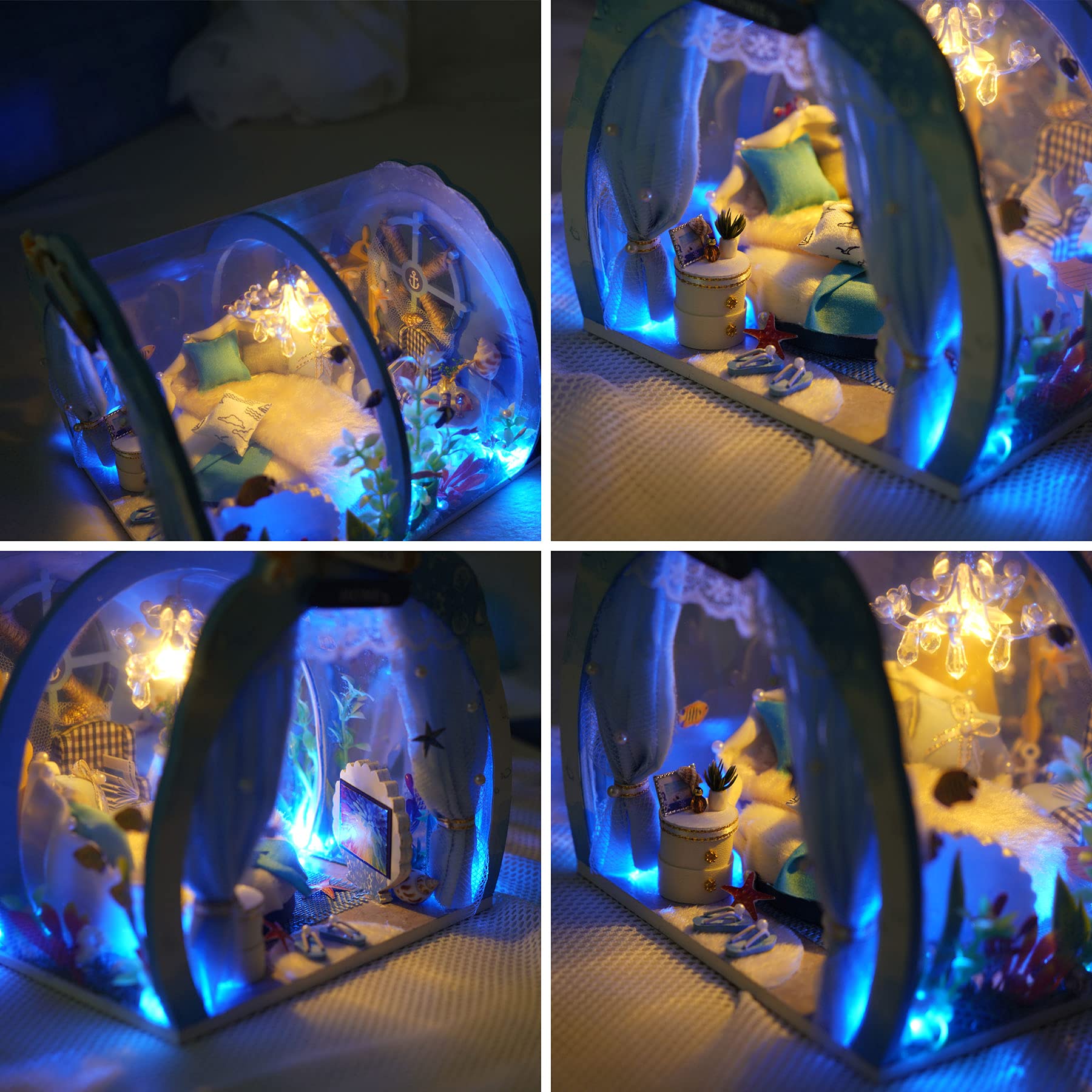 Cuteefun Miniaturowy zestaw do budowania domku dla lalek DIY, drewniany budynek z meblami, niebieskie światło LED, mini dom marzeń nad oceanem, ręcznie robione rzemiosło na urodziny, Walentynki