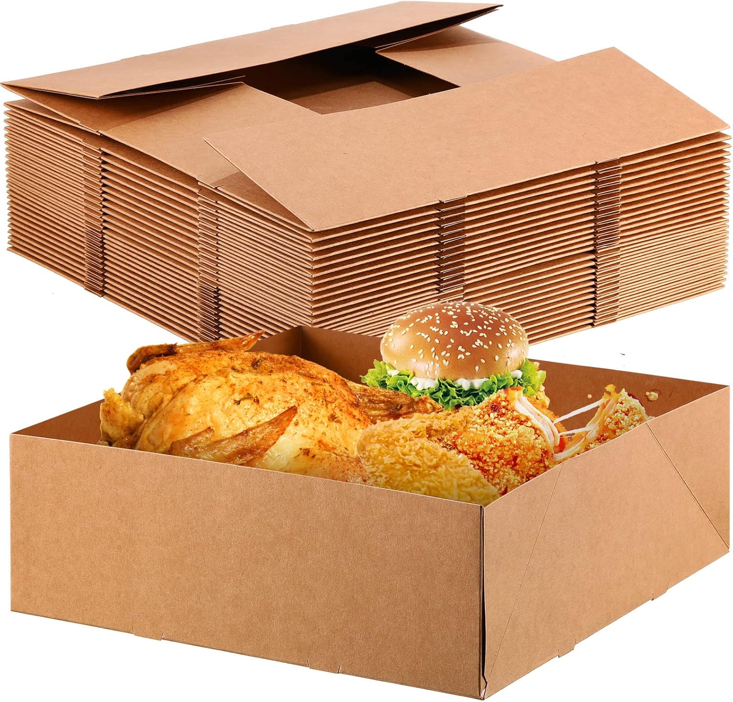 Teling 50 Pcs 10. 4" x 10. 4" x 3. 7" Kraft Paper Food Trays Disposable Foldable Paperboard Fast Food Container Boxes Tray 4 Corner Pop up Serving Holders for Party Theaters Stadiums (Brown)