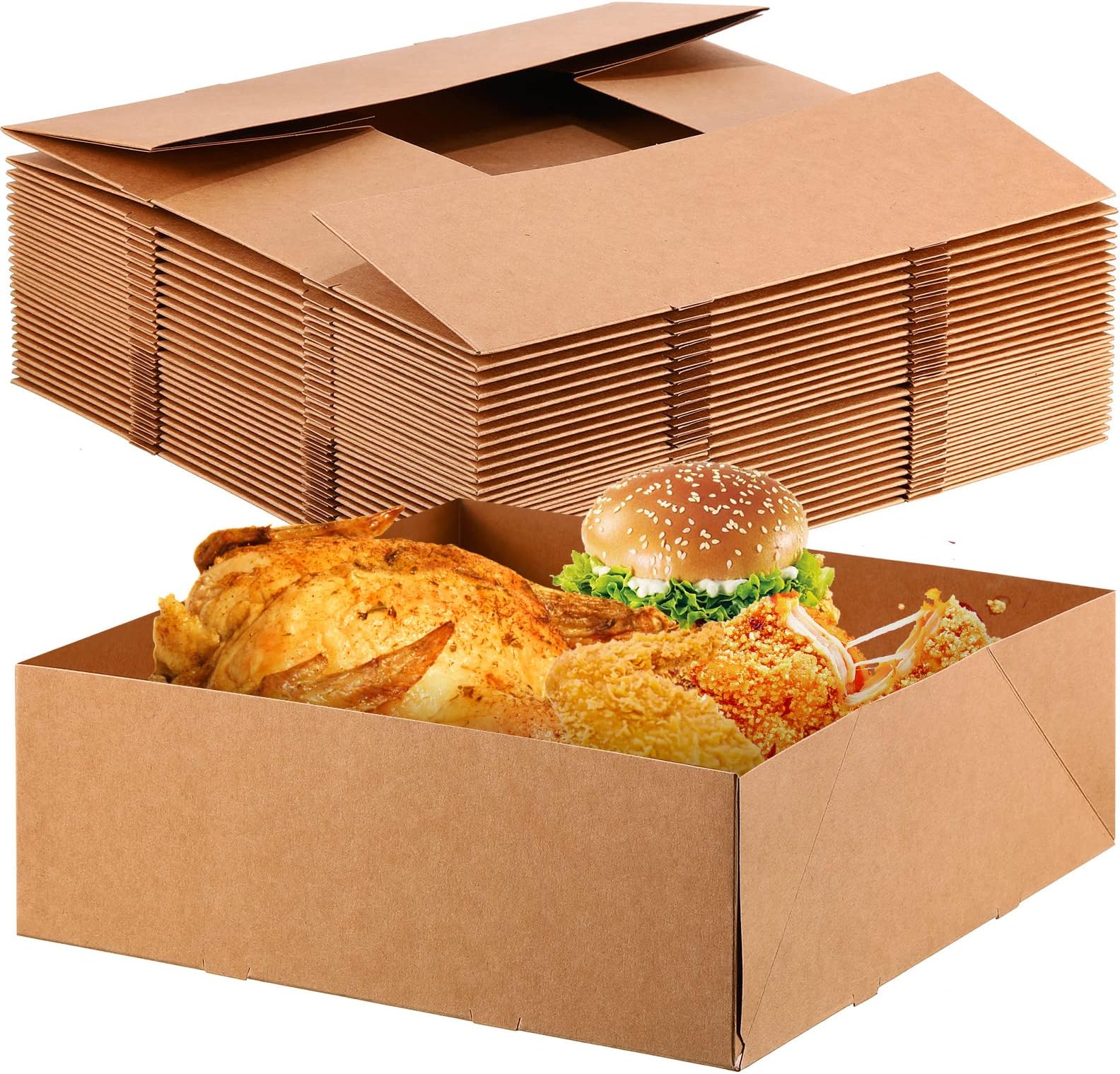 Teling 50 Pcs 10. 4" x 10. 4" x 3. 7" Kraft Paper Food Trays Disposable Foldable Paperboard Fast Food Container Boxes Tray 4 Corner Pop up Serving Holders for Party Theaters Stadiums (Brown)